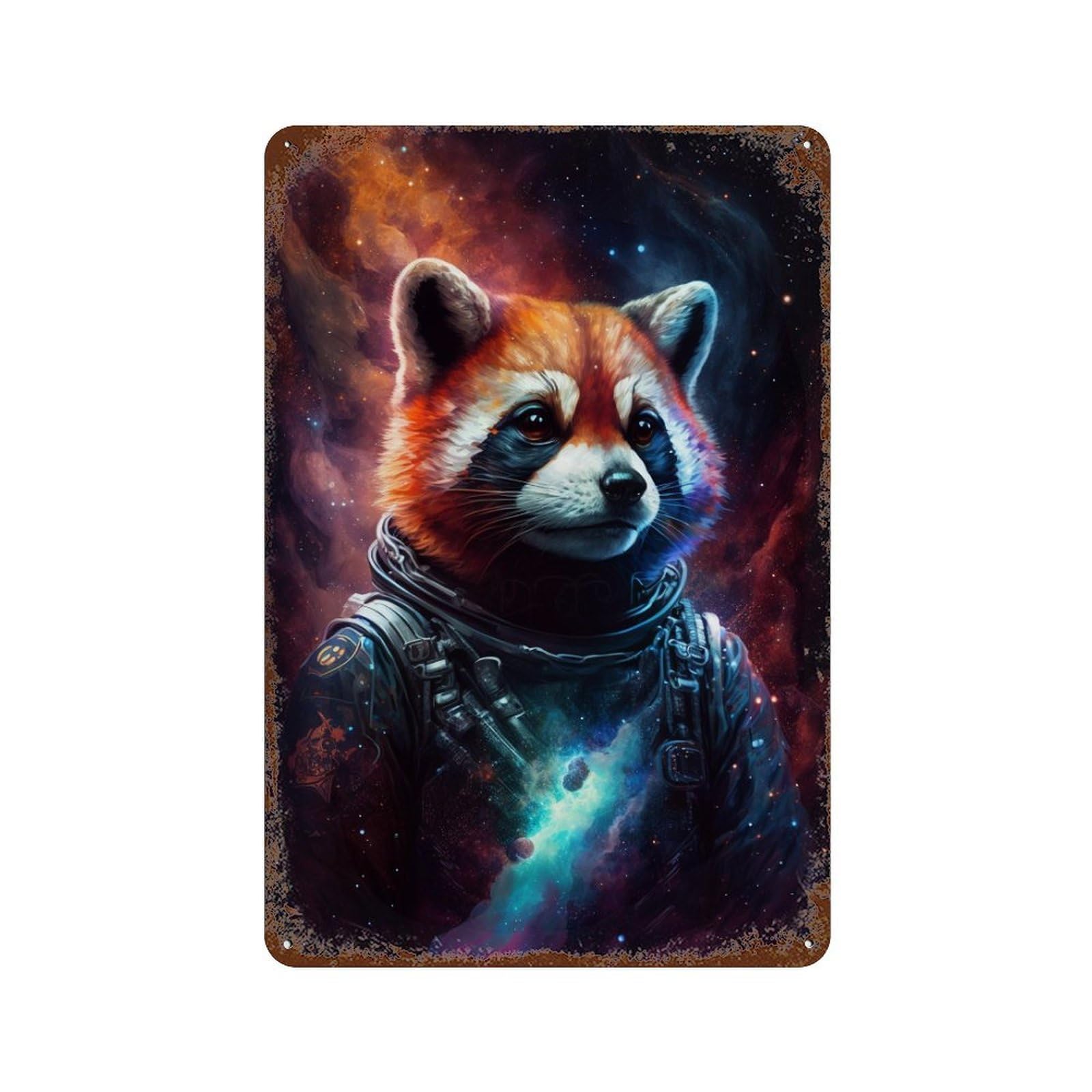 Rust Effect Cosmic Red Panda Astronaut Vintage Metal Tin Sign 11.8"x7.9", Farmhouse Wall Decor for Garage, Bar And Workshop Decor