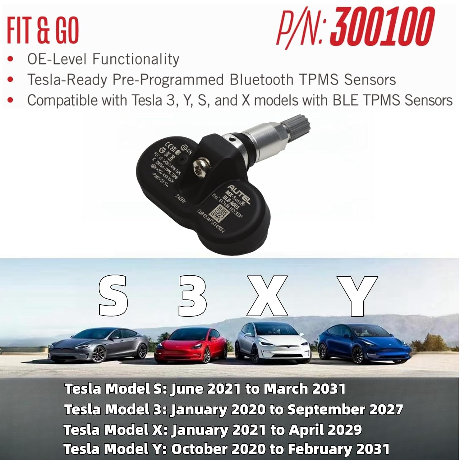Autel Sensor BLE-A001 Tesla Bluetooth TPMS Sensor Autel MX-Sensor Tesla TPMS Sensor Pre-Programmed Wireless Tire Pressure Monitor Sensor OEM for Tesla Model 3 Y S X Work with TS900/ ITS600 Pro