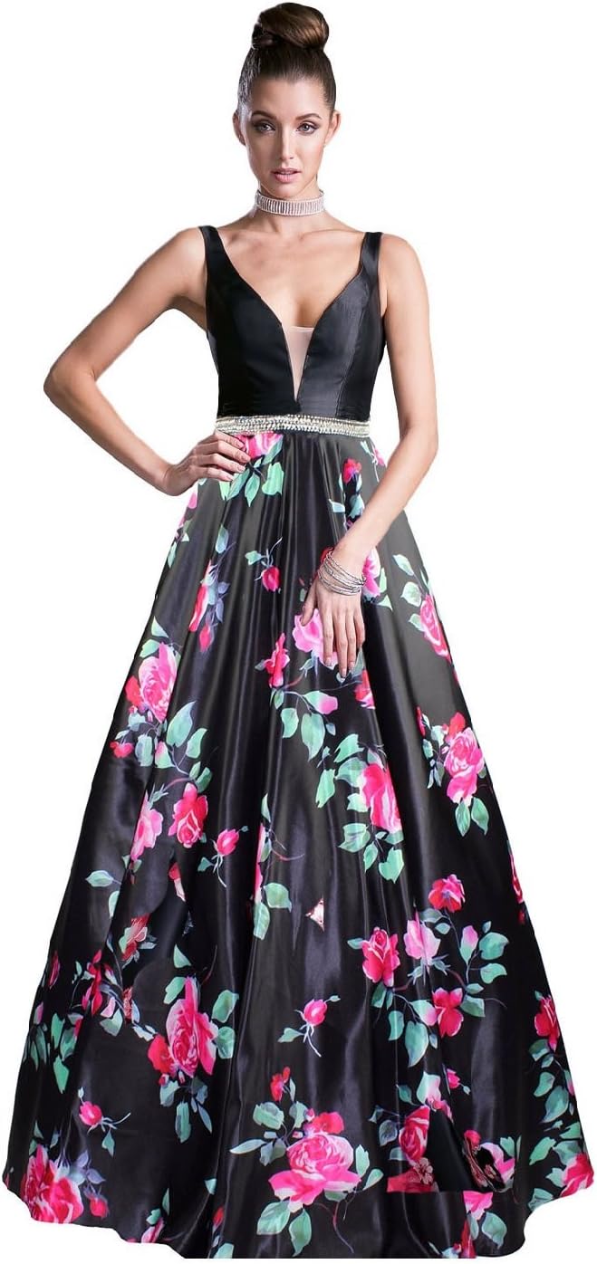 Meier Women's Long Sleeveless Open Back Print Formal Ball Gown