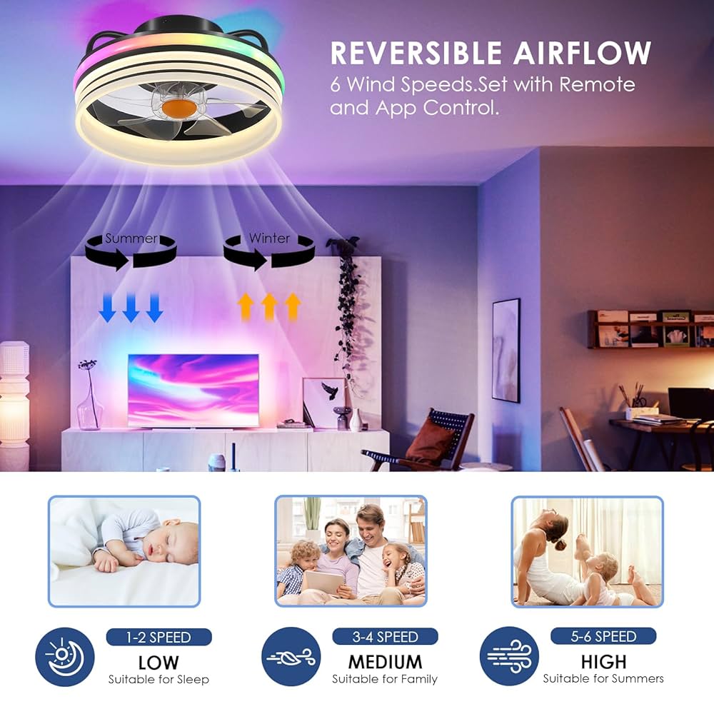 BYKISTOK Flush Mount Ceiling Fan with RGB Light - 13“ Small