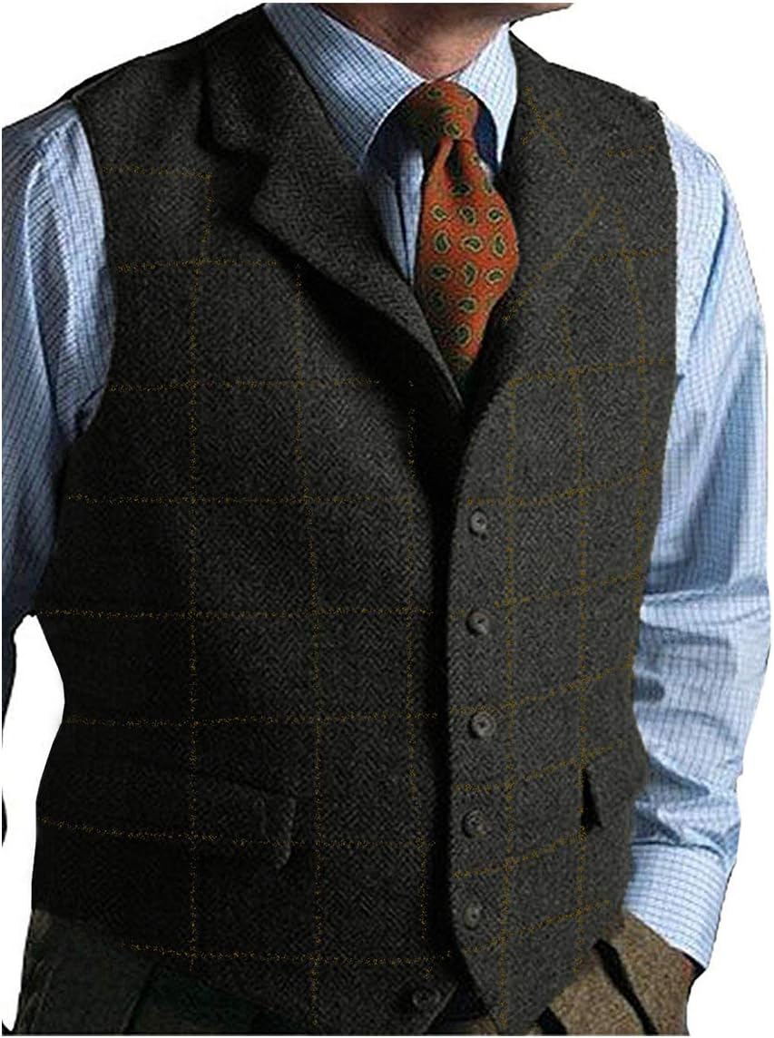 Jiaoyunshi Men's Suit Vest Casual Wool Blend Peaked Collar Herringbone Tweed Waistcoat