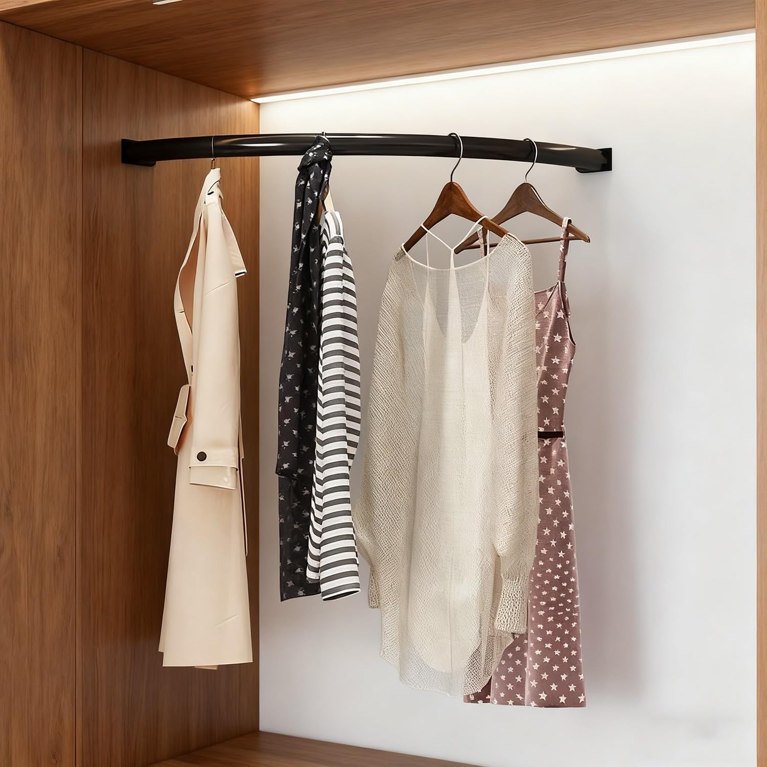 Wall-Mounted Corner Closet Rod Organizer, 60x60cm Right Angle Clothing Rack, Curved Garment Bar for Efficient Space Saving - Black