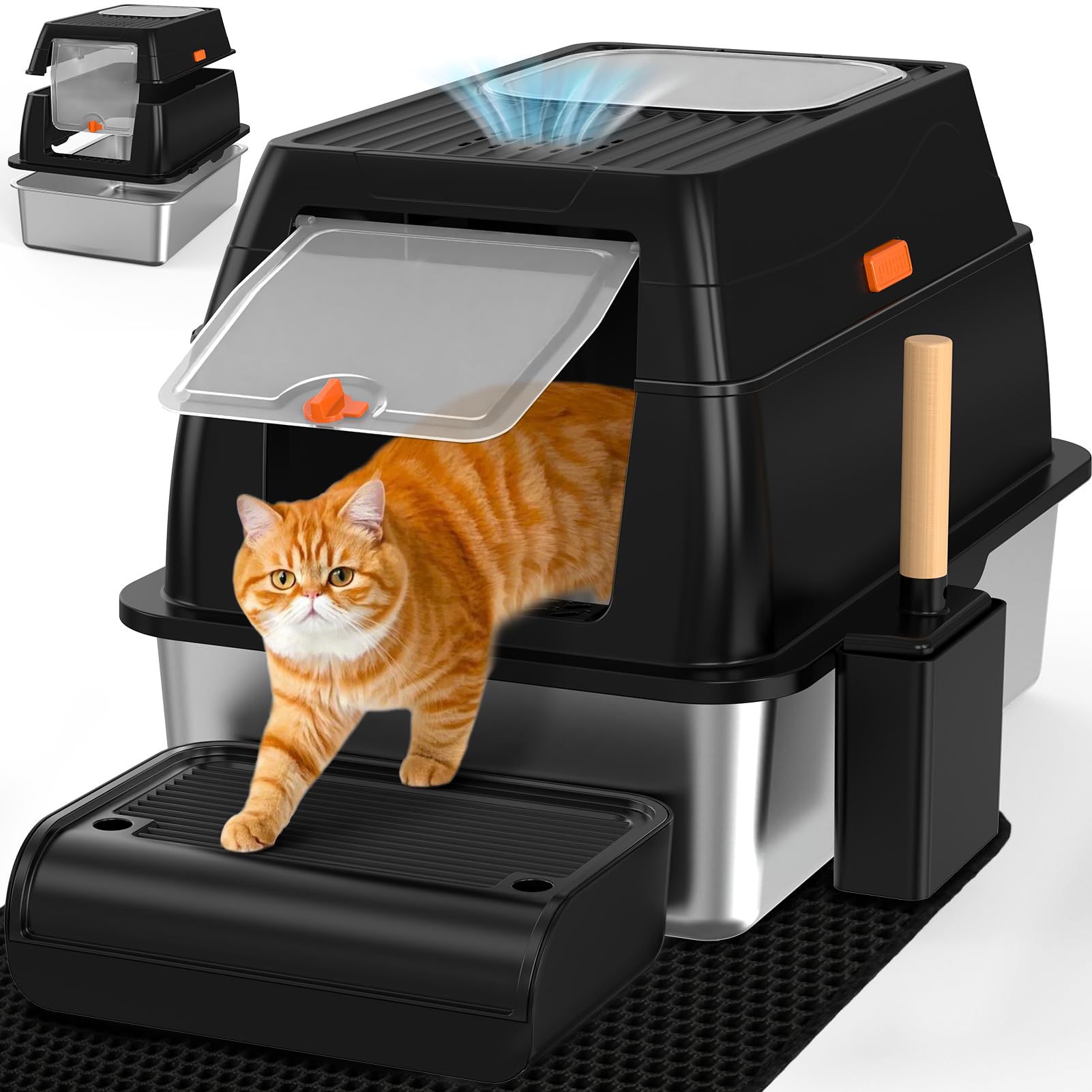 Lettiera per gatti in acciaio inox XL, grande in acciaio inox con coperchio, in acciaio inox, per gatti chiusi, due uscite, pala + tappetino + passo calpestio, 60 x 40 x 39,5 cm (nero)