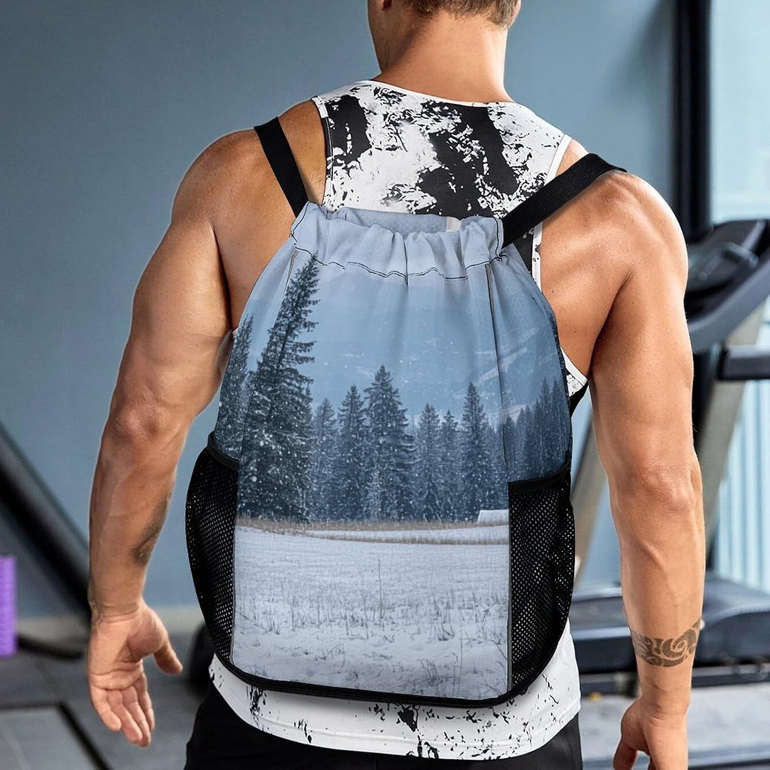 Small Gym Bag Pine Snow Mountain Printed Drawstring Gym Bag for Men Lightweight Waterproof Drawstring Backpack for Women with Shoe Compartment for Travel Tourism Work And Fitness