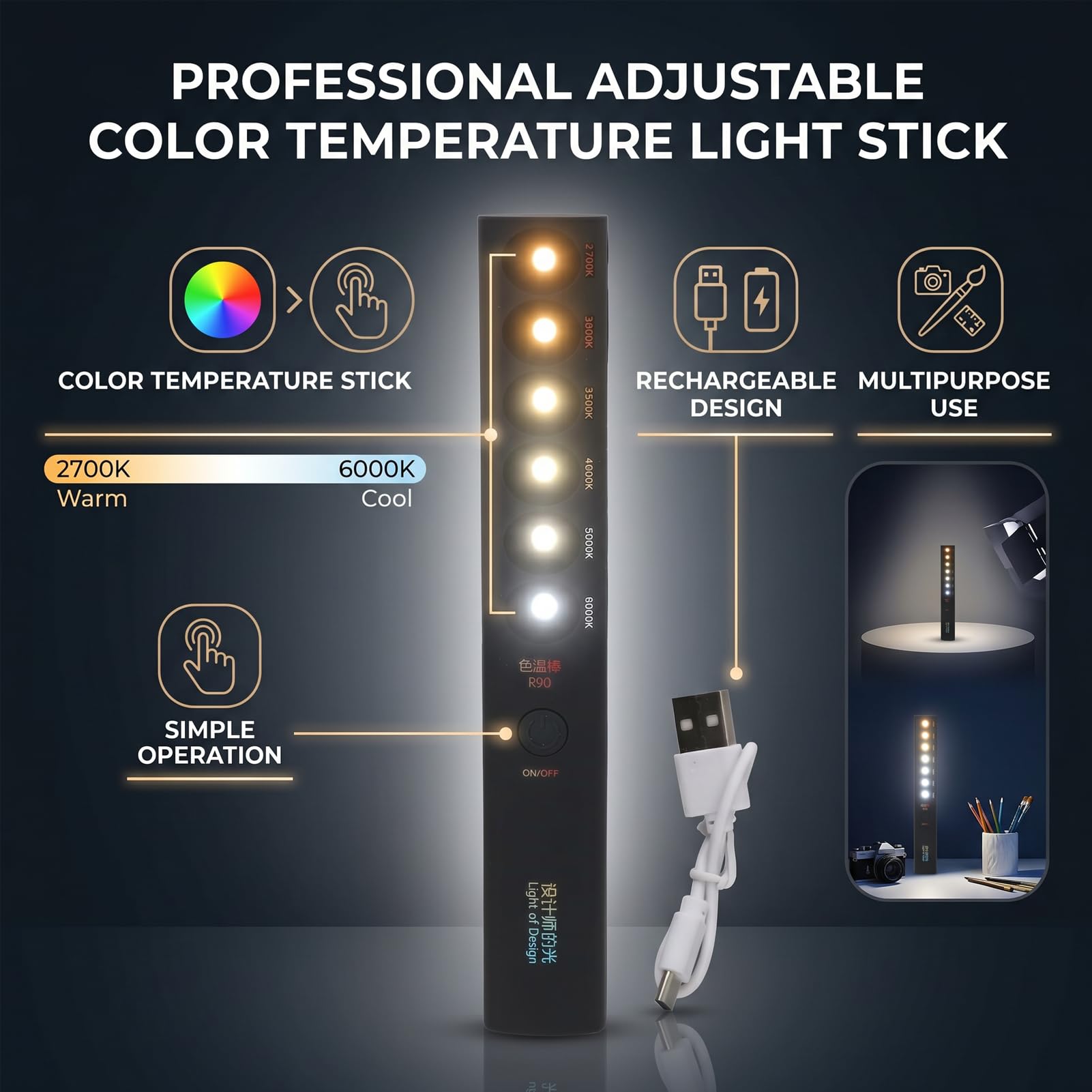 Bâton lumineux portatif de température de couleur de poche bâton de lumière vidéo de photographie professionnel rechargeable 2700K 6000K 6 modes bâton de lumière de