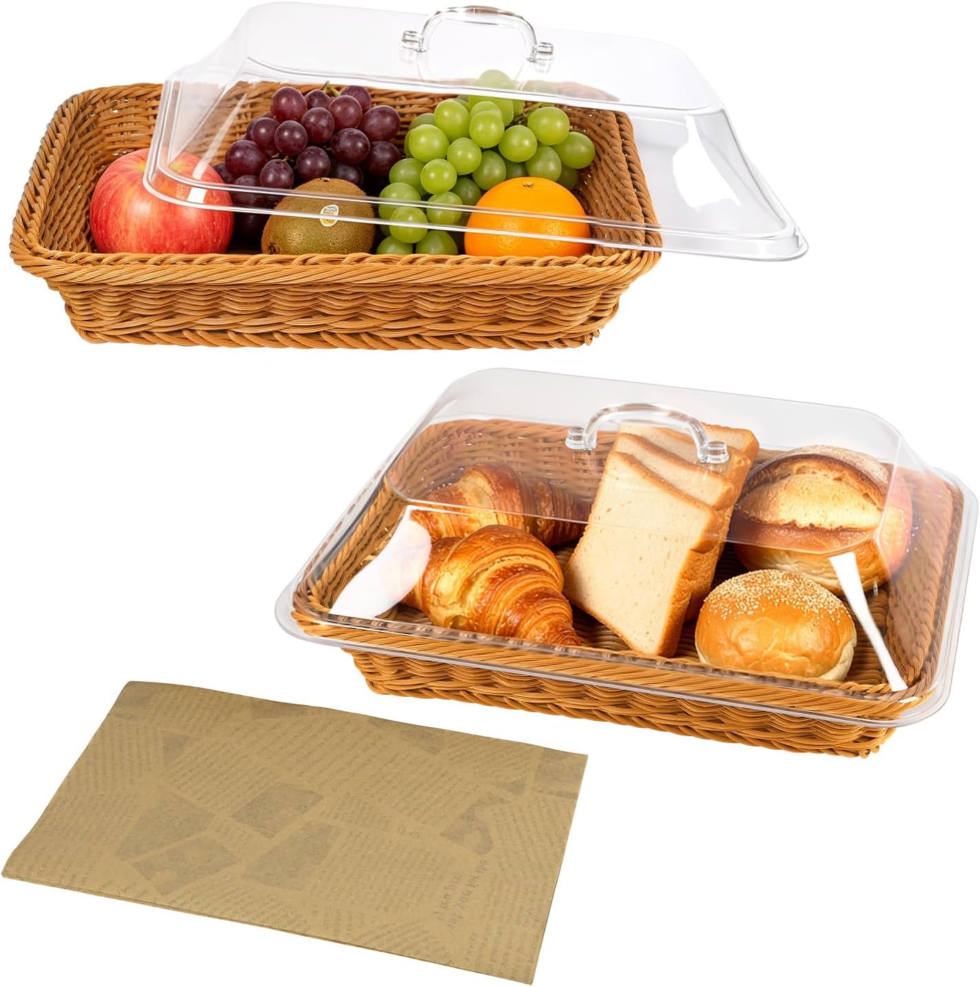 2 Pack Wicker Bread Basket with Acrylic Lid & 20 Parchment Paper