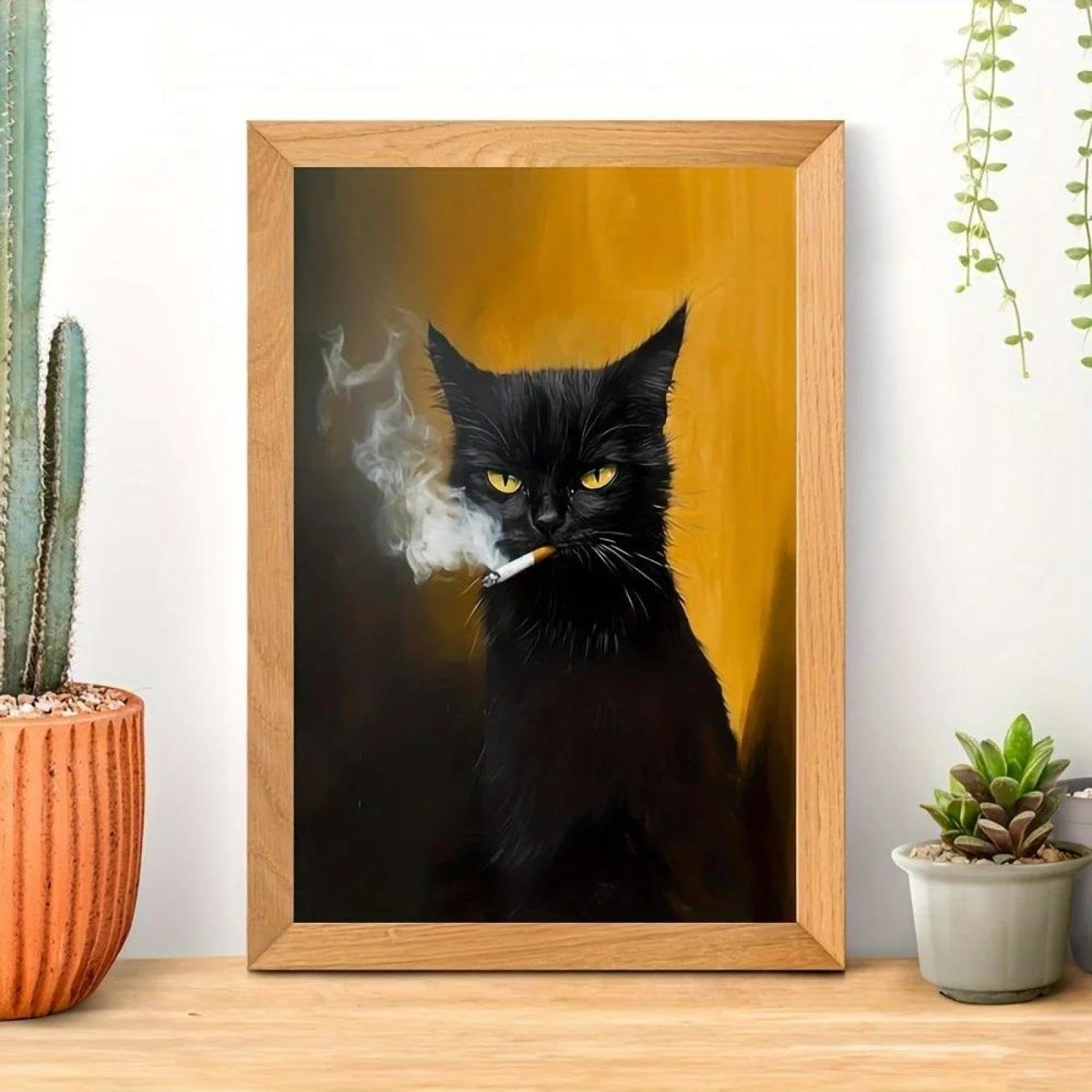 SHINERING Retro Black Cat Smoking Animal Canvas Painting Poster Prints Minimalist Wall Art For Living Room & Office Decortions 40X50Cm Unframed
