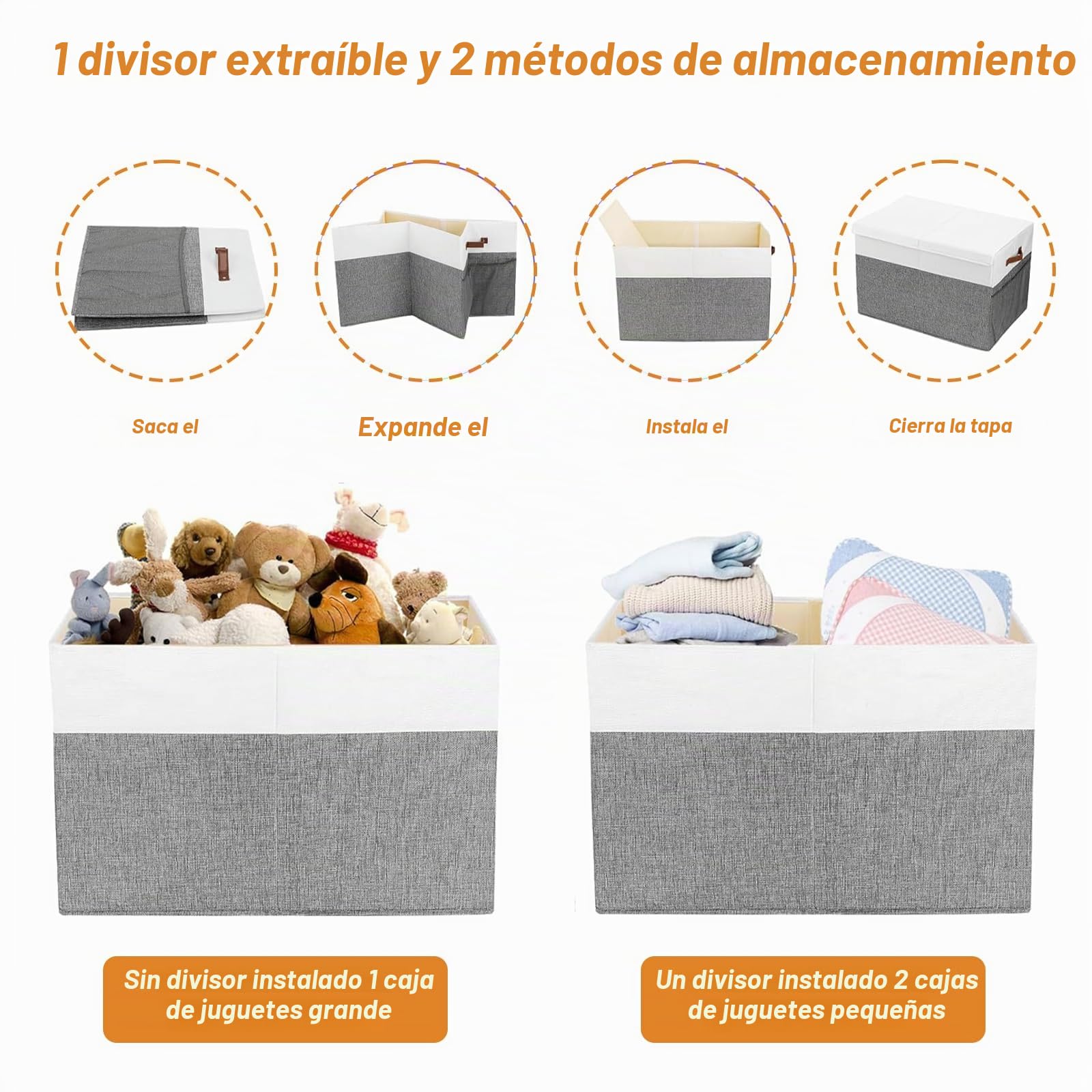 Caja Almacenaje Juguetes con Tapa, Gran Caja de Almacenamiento Plegable para Niños 62x32x40 cm con Asas y Divisor Extraíble, Organizador Almacenaje Juguetes Infantil para Habitación, Grey