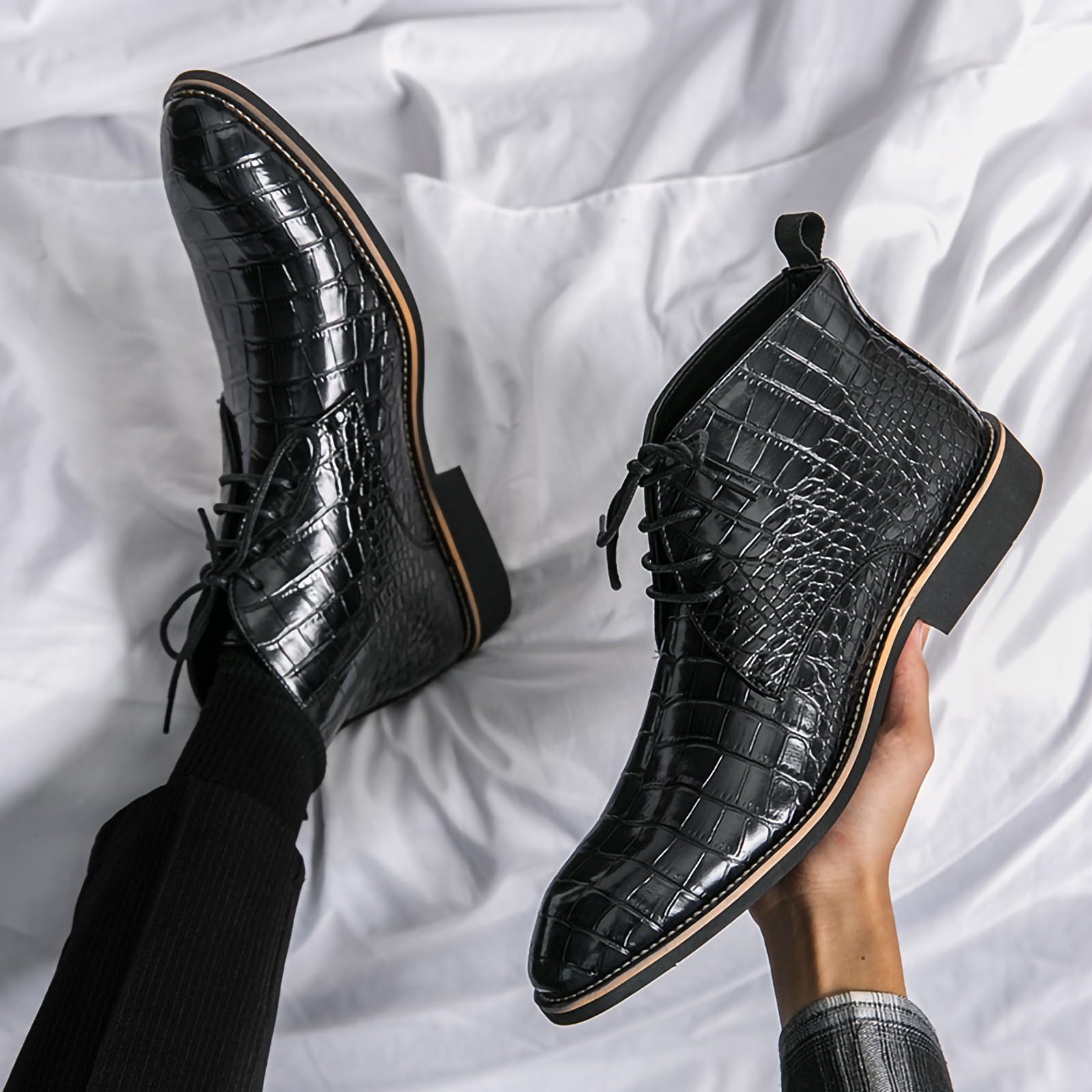Męskie sznurowane buty Oxford ze skóry PU wzór krokodyla botki Chukka, Czarny, 41 EU