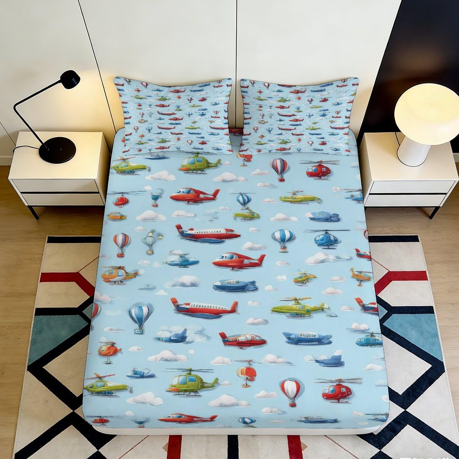 3D Printed Airplane Helicopter Fitted Sheet Microfiber Sky Balloon Mattress Cover for Bedroom Dorm Mattress Protector 120x200x25cm