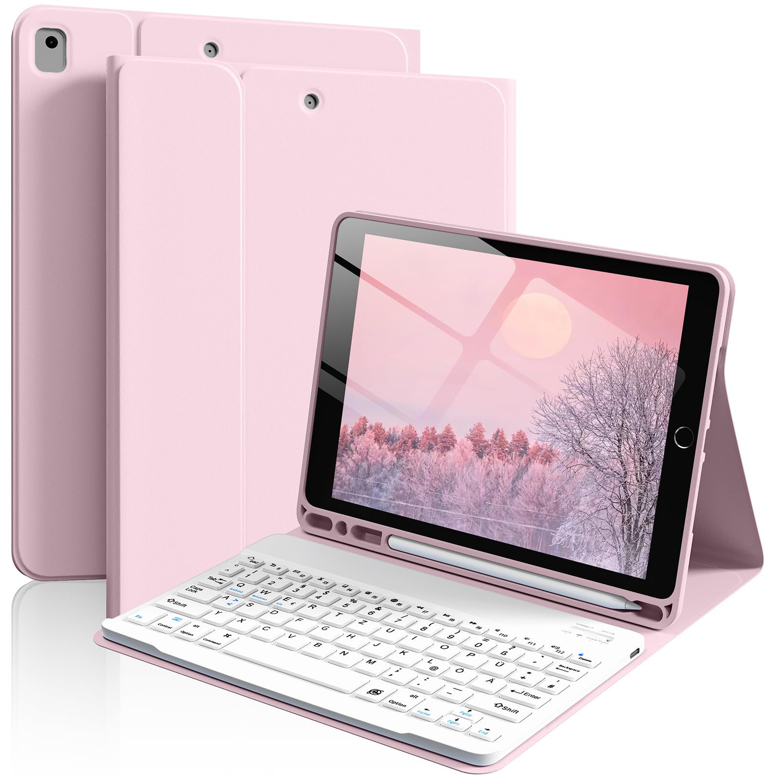 IAMKHO Hülle Tastatur für iPad 10.2 Zoll 9./8./ 7. Gen QWERTZ, Rosa | für iPad 10.2 Zoll 2021/2020/2019, iPad Air 3rd / Pro 10.5 Zoll, Magnetische Bluetooth QWERTZ, Soft TPU Rückseite Gehäuse