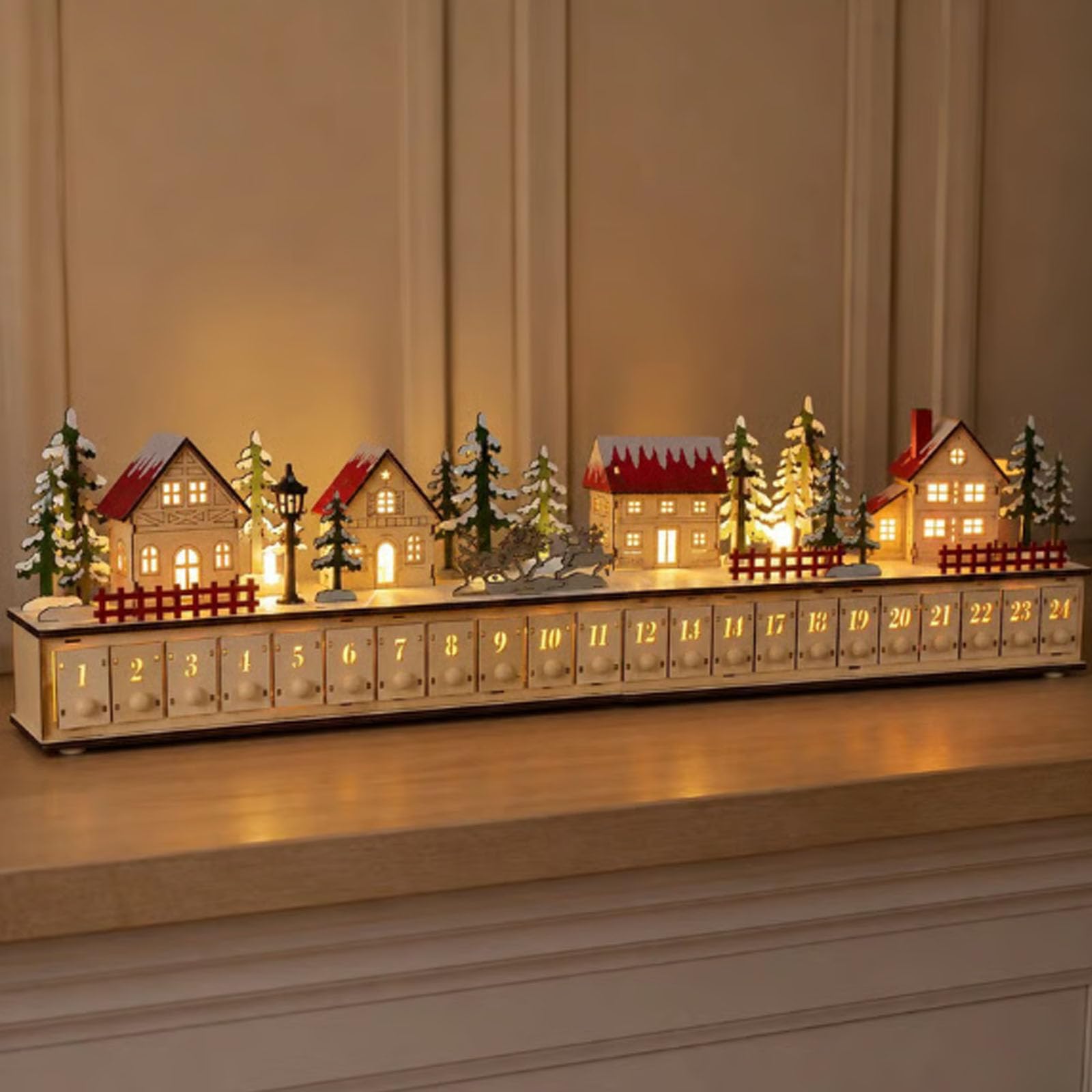 Calendario de Adviento de Madera con Iluminación LED, 24 Cajones (A) | Rueda de Adviento de Madera con Cuenta Regresiva de 24 Días para Decoración Navideña
