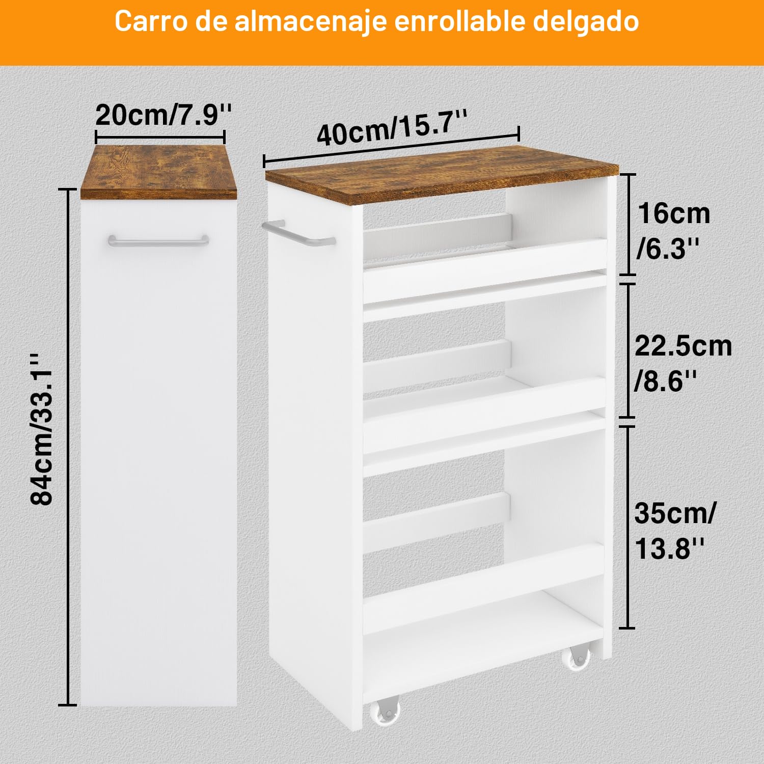 IBUYKE Carrito De Cocina 20 cm Ancho,Carrito con Ruedas de 4 Niveles,Ahorro de Espacio, Carrito Baño Estrecho,Carrito Multipropósito Rolling para Comedor,Sala,Oficina, Blanco WST005W-L