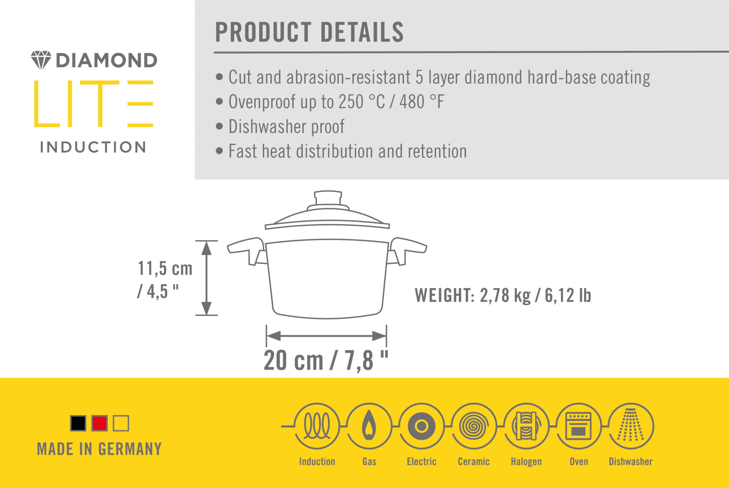 Woll Diamond Lite/Plus wzmocniony diamentami nieprzywierający odporny na zarysowania odlew aluminiowy indukcyjny gotowy pojemnik z pokrywką, 3,2 l