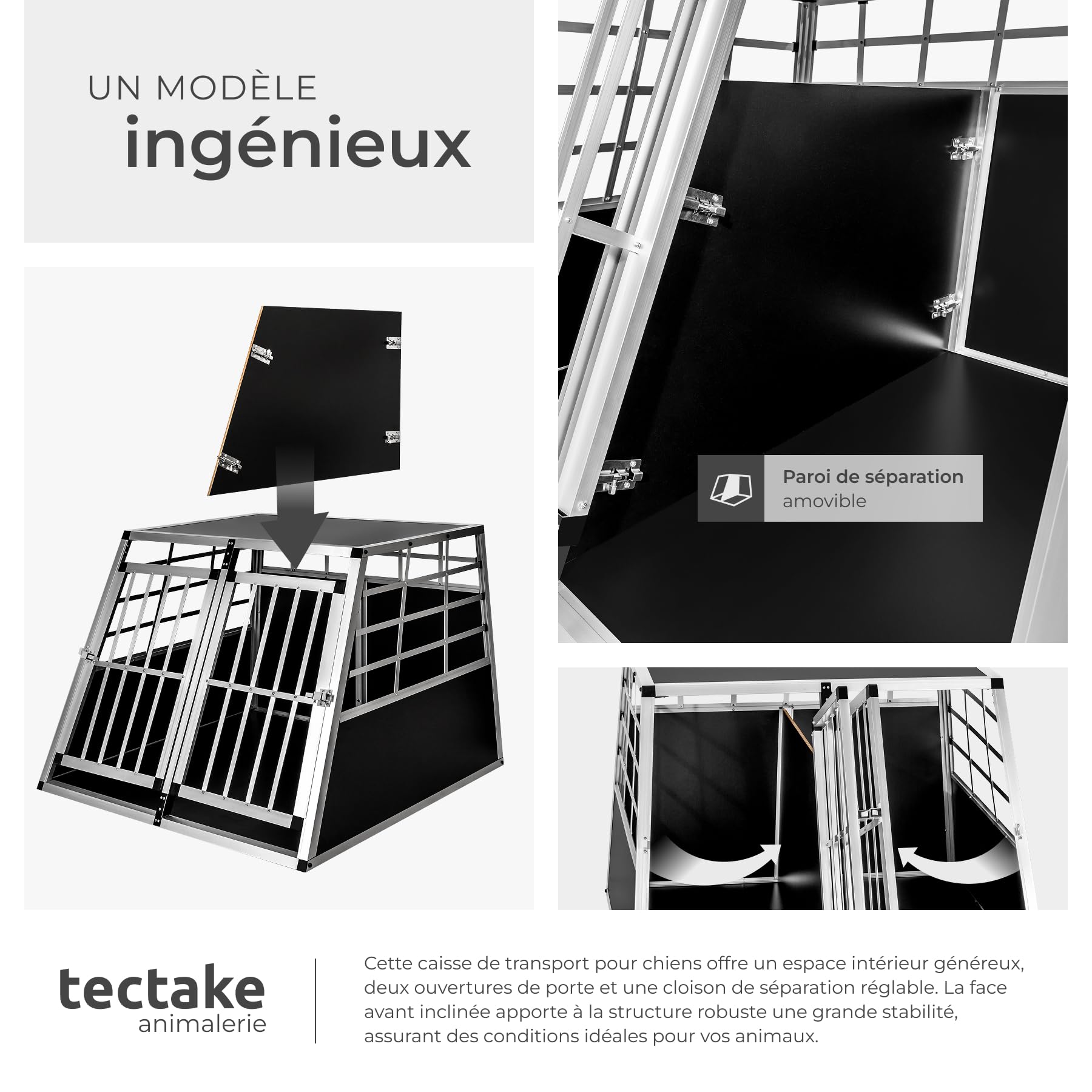 tectake® Caisse de Transport pour Chien légère & Solide Double Cage de Transport Chien pour Transport Chiens Voiture, Maison ou Jardin Cage avec paroi pour Max. 2 Chiens - 97 x 90 x 69,5 cm