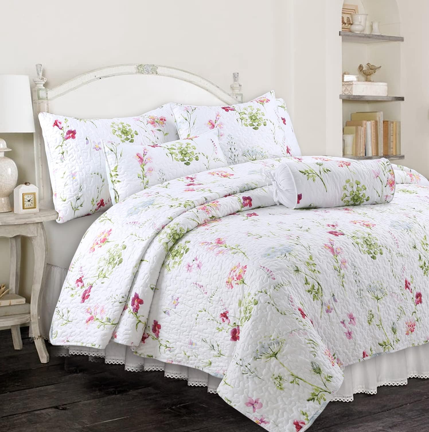 Cozy Line Home Fashions Light Pink Blue Flower Quilt Bedding Set, Coverlet, Bedspread (Carlotta Floral, Queen - 3 Piece)