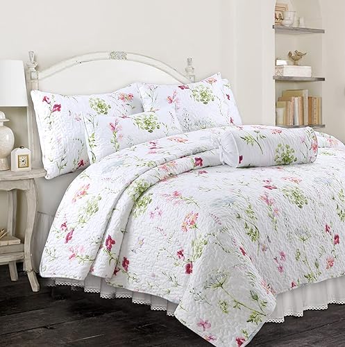 Cozy Line Home Fashions Juego de ropa de cama reversible con estampado de flores y flores, color rosa claro, azul y azul, colcha ligera para todas