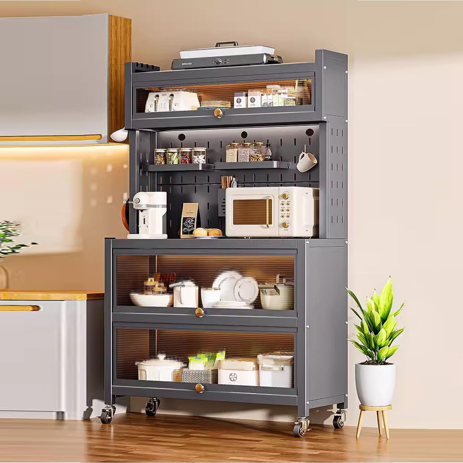 BREZO 5-Tier Kitchen Baker's Rack with Flip Door Cabinet, Multi-Functional Microwave Stand, Kitchen Storage Cabinets, Sideboards (Color : A)