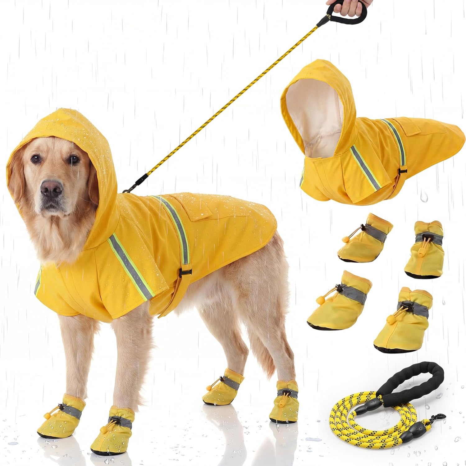 3 Pcs Dog Raincoat Shoes and Leash Set with Reflective Strip Yellow Adjustable Waterproof Rain Jacket Coat Poncho Hoodies for Small Medium Dogs Pets Walking