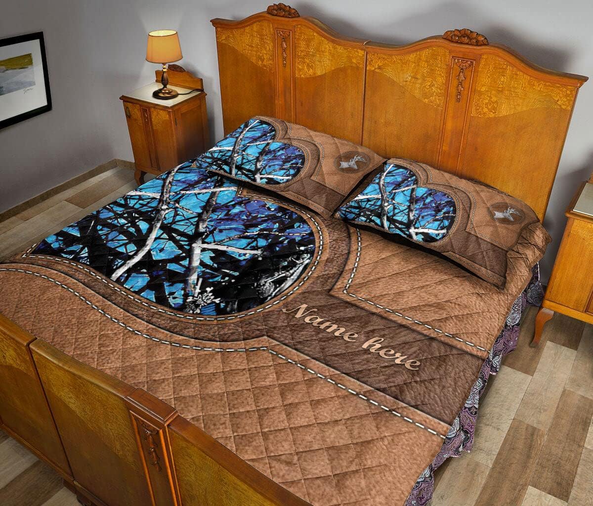 Personalized Hunting Quilt Set, Country Girl Deer Hunting Blue Deer Horn Quilt Blanket with Pillowcases, Custom Name Quilt Bedding Set MLANH2465