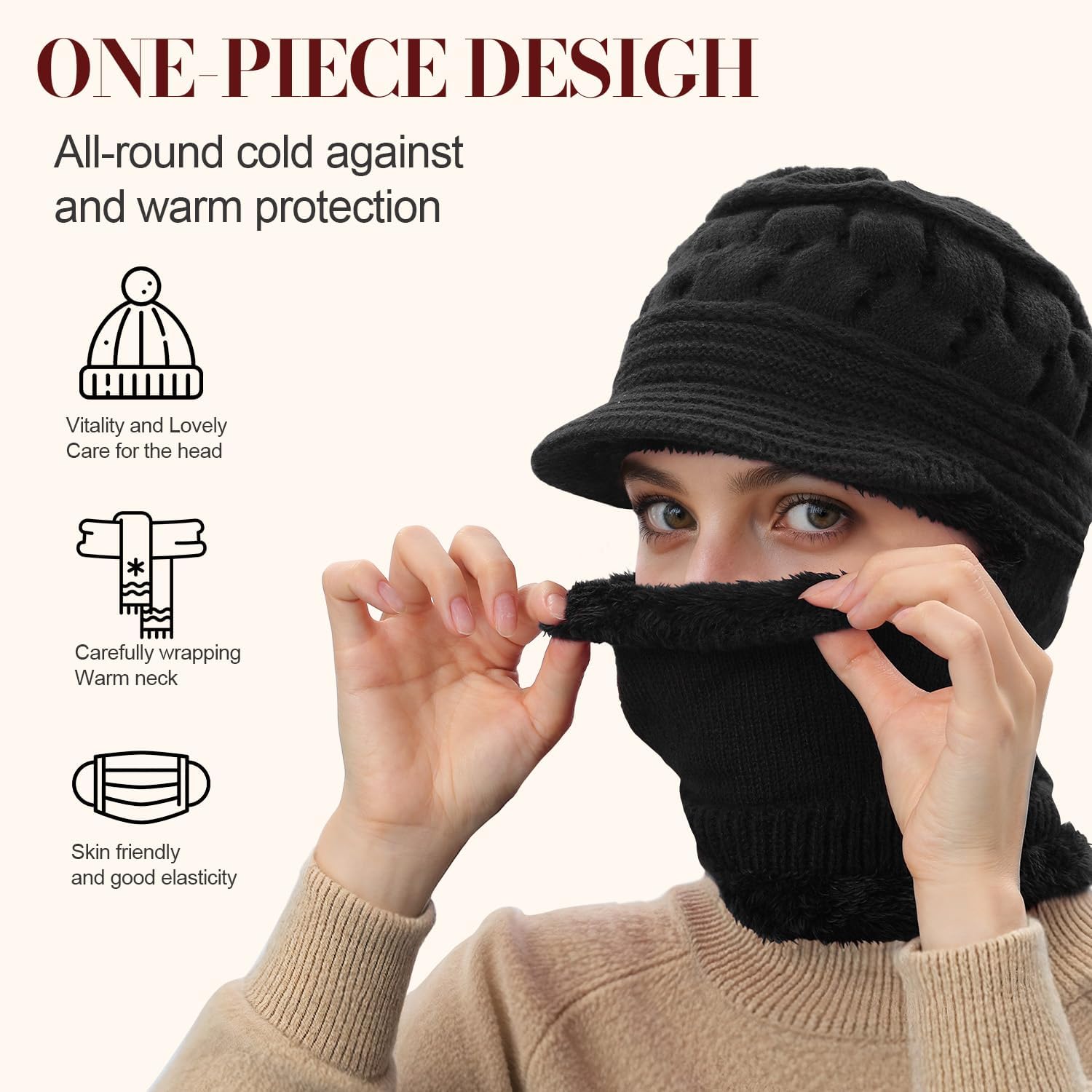 Womens Winter Beanie Hats, Winter Scarf Mask Set for Women One Piece Slouchy Beanie Hats with Visor Brim Fleece Lined - Image 5