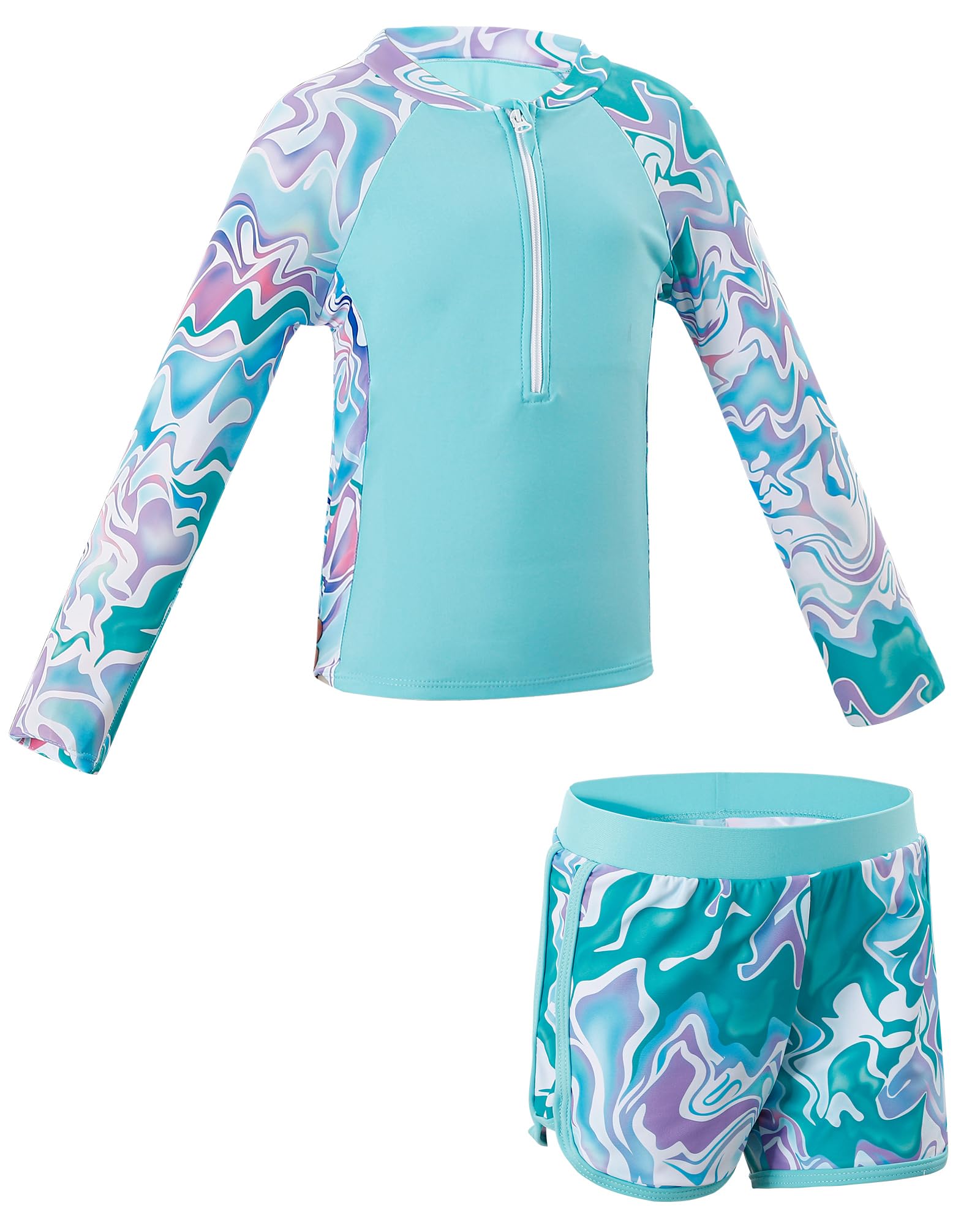 Maillot de Bain Deux Pièces à Manches Longues Anti-UV，Enfant Rashguard Set avec Coquilles Amovibles