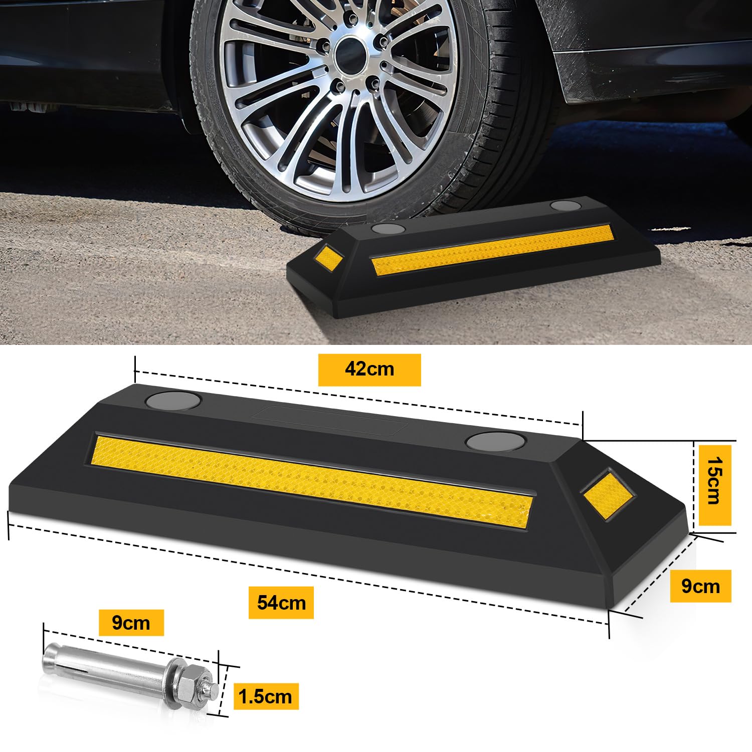 Gumowy stoper do kół z otworami na śruby, 54 x 15 x 10 cm | Wytrzymała granica parkowania z żółtymi paskami odblaskowymi, 4 x blokada parkingu do garażu, parkingu