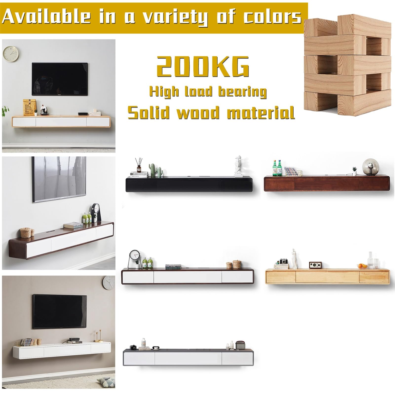 Schwebender TV-Ständer aus Massivholz mit großen Türen, moderner Wandmontage, TV-Schrank, Regale für Unterhaltung, Media-Center, großer Stauraum, TV-Bank (120 cm)