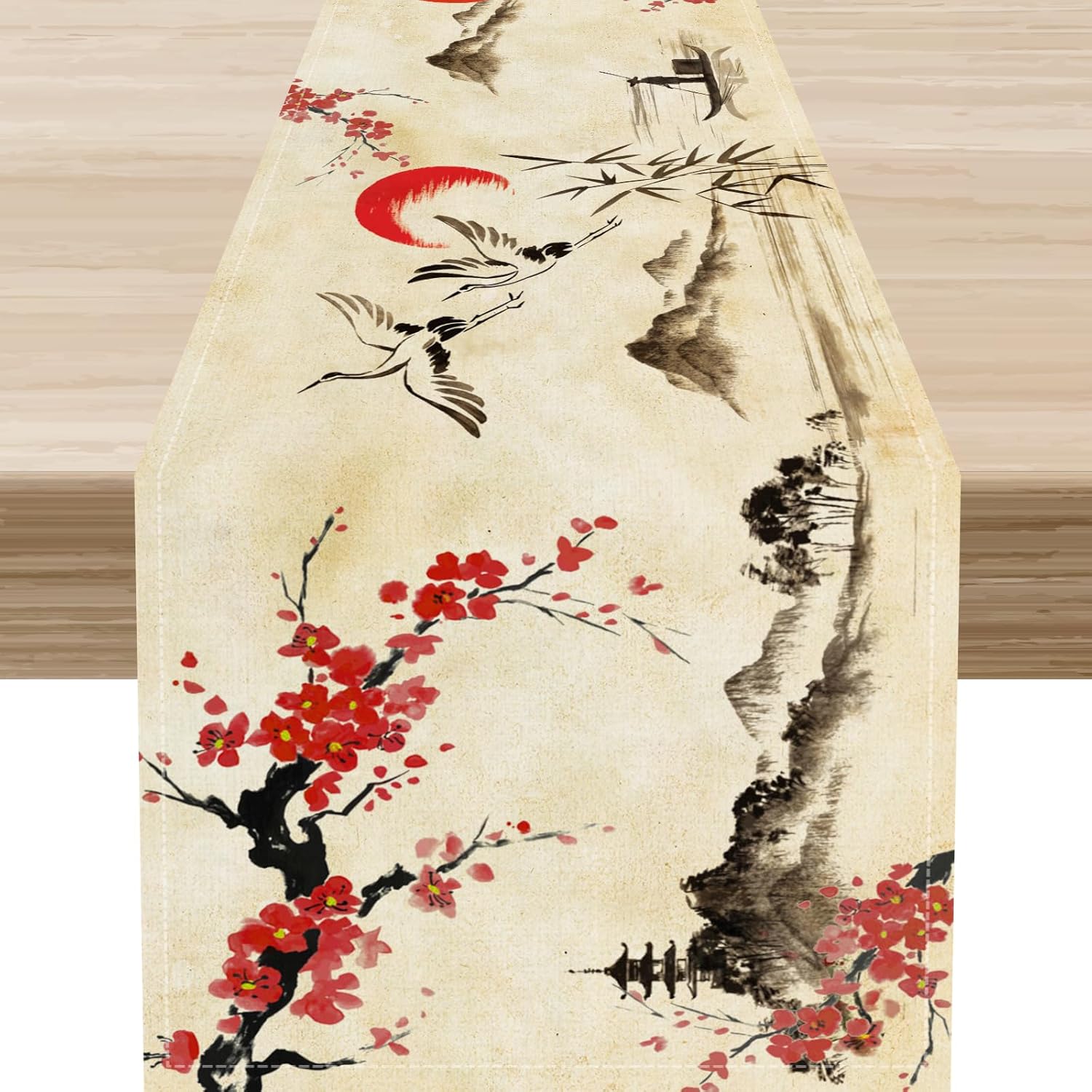 Japanese Table Runner, Rustic Asian Ink Painting Cherry Blossom Chinese Crane Landscape Nature Oriental Table Center Decor for Family Kitchen Outdoor Holiday Party Table Decorations, 13"x108"