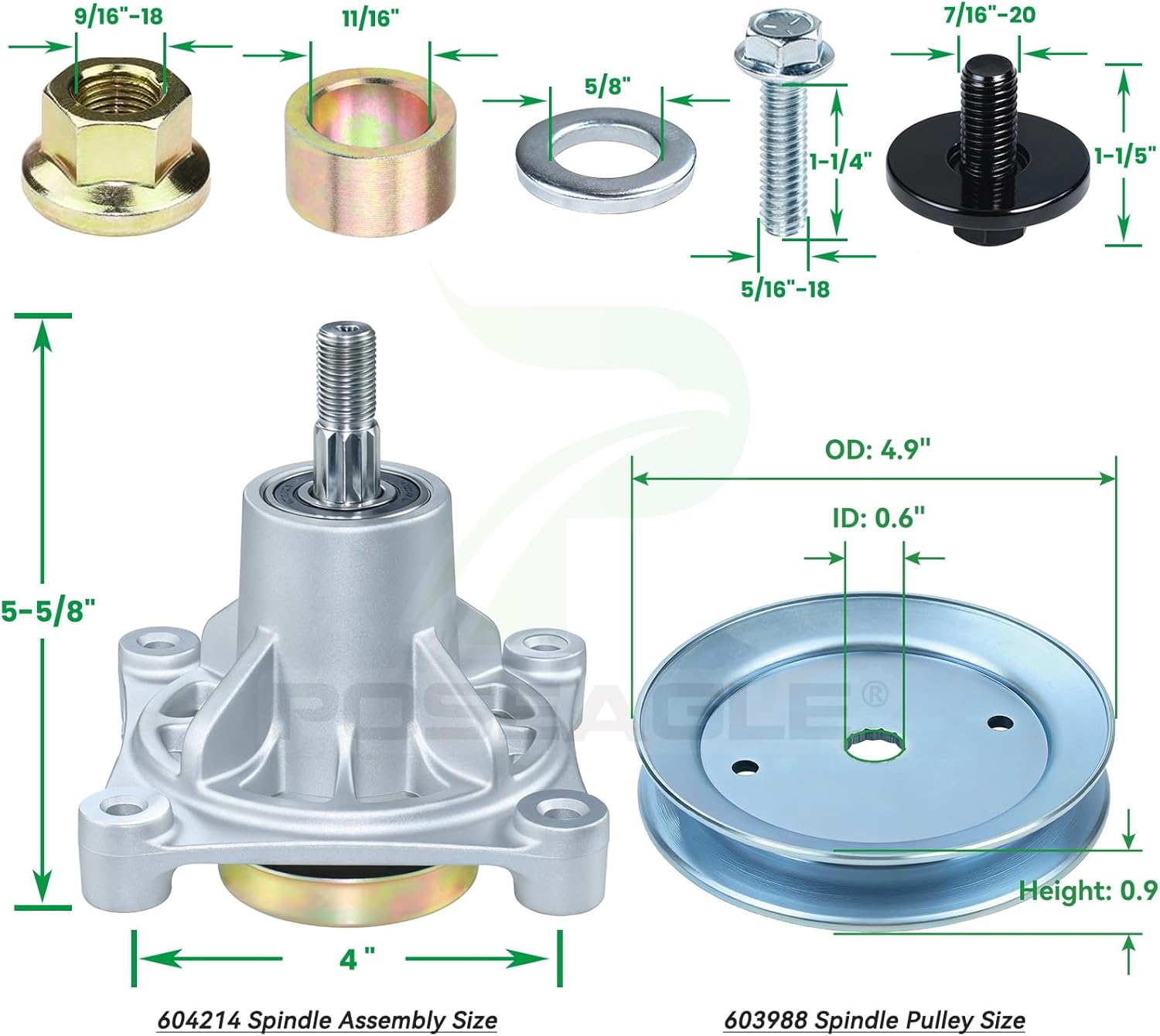 3 Pack 604214 Spindle Assembly with 603988 Spindle Pulley 604219 604231 605512 Idler Pulley 607162 Belt Replace Hustler 604214 Spindle Assembly, Hustler Raptor 52 inch Deck Spindle 604214