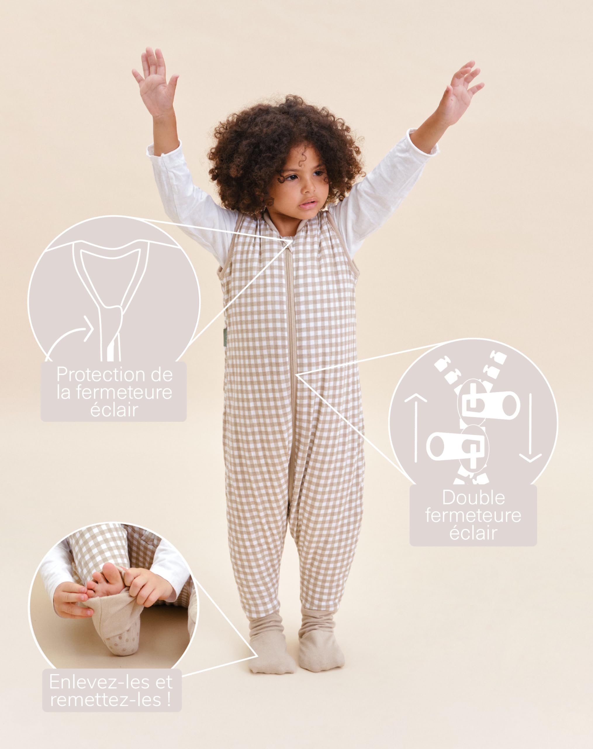 molis&co - Gigoteuse pour bébé avec Pieds et Chaussette - Gigoteuse Tog 2.5 - Turbulette Hiver pour Bébé, Fille Garçon - 100% Coton (certifiée Oeko-TEX) - Vichy Beige (2 Ans)