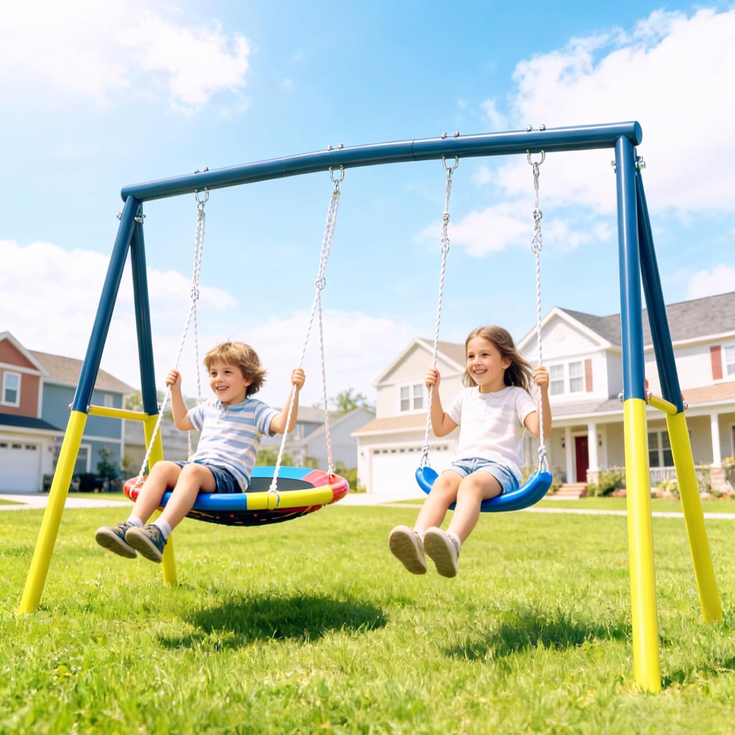 Swing Sets for Backyard 330lbs Capacity Swing Set with Heavy-Duty A-Frame Metal Stand, Outdoor Playset with 1 Saucer Swing & 1 Belt Swings Pink (2-in-1 Swing Set, Blue & Yellow)