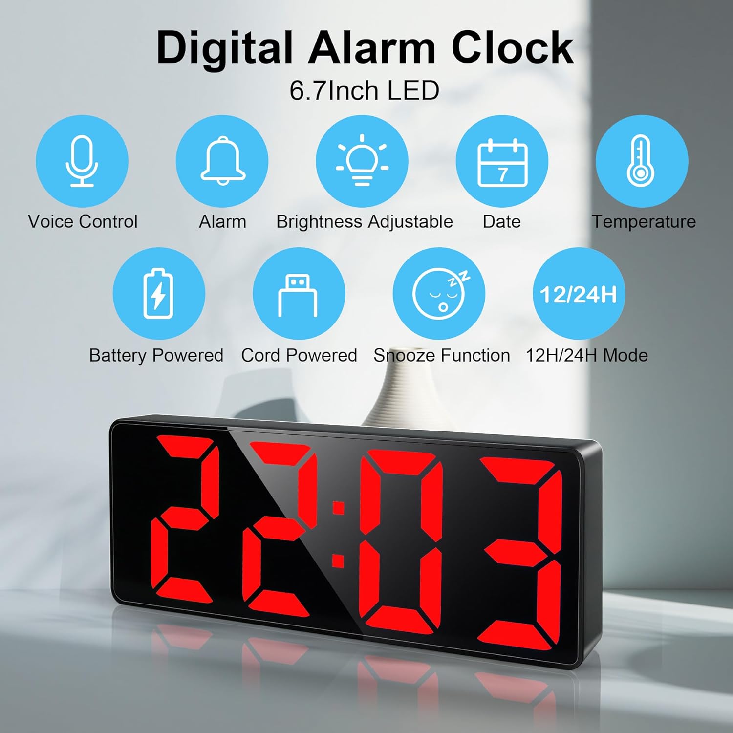Lafocuse Digital Alarm Clock with icons for Voice Control, Alarm, Brightness Adjustable, Date, Temperature, Battery Powered, Cord Powered, Snooze Function, 12/24H Mode