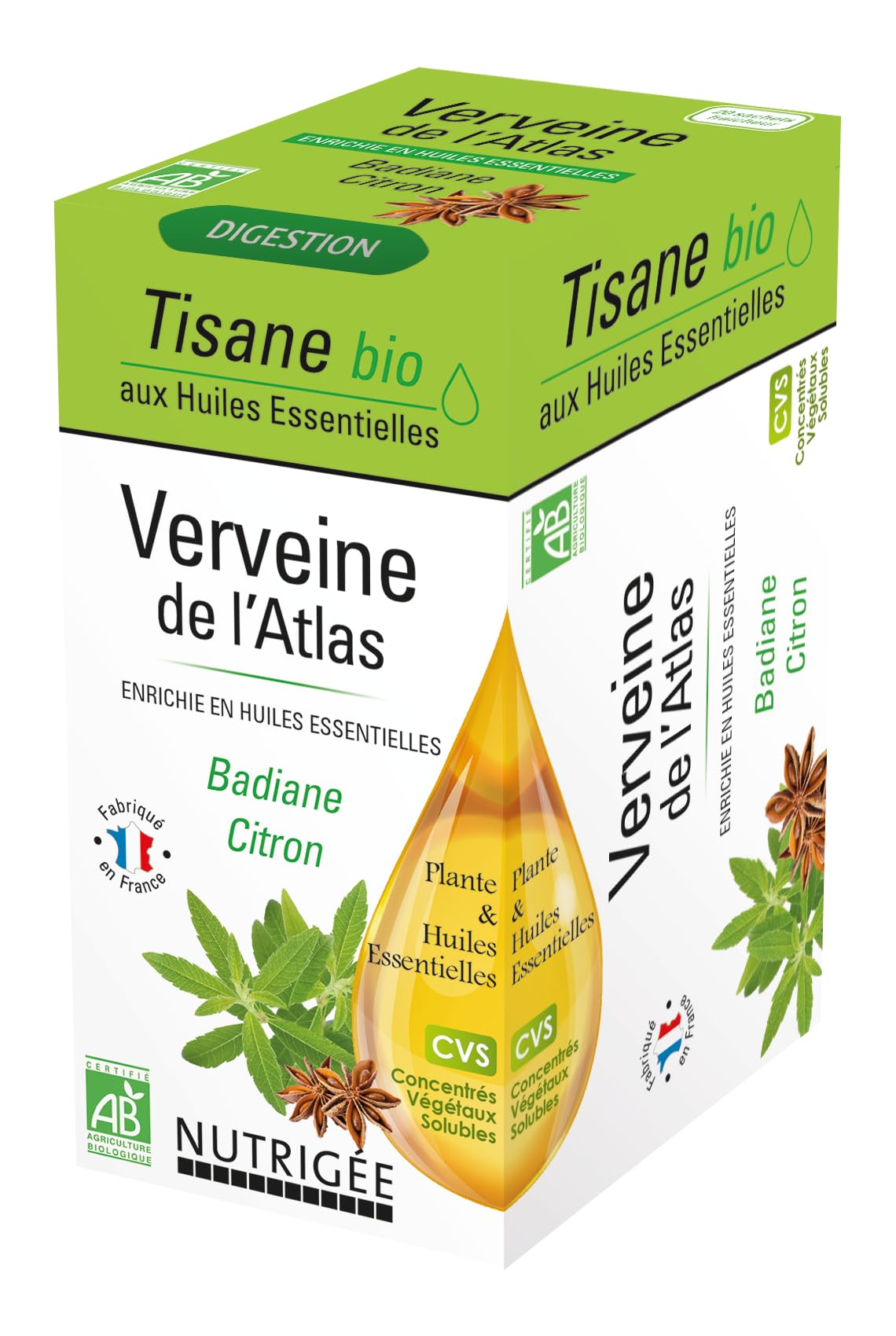 Nutrigée - Tisane Verveine De L'Atlas Bio - Digestion - Combat Troubles Gastro-Inestinaux, Ballonements & Nausées - Concentrés Végétaux Solubles - Huile Essentielle De Badiane & De Citron - 20 Sachets