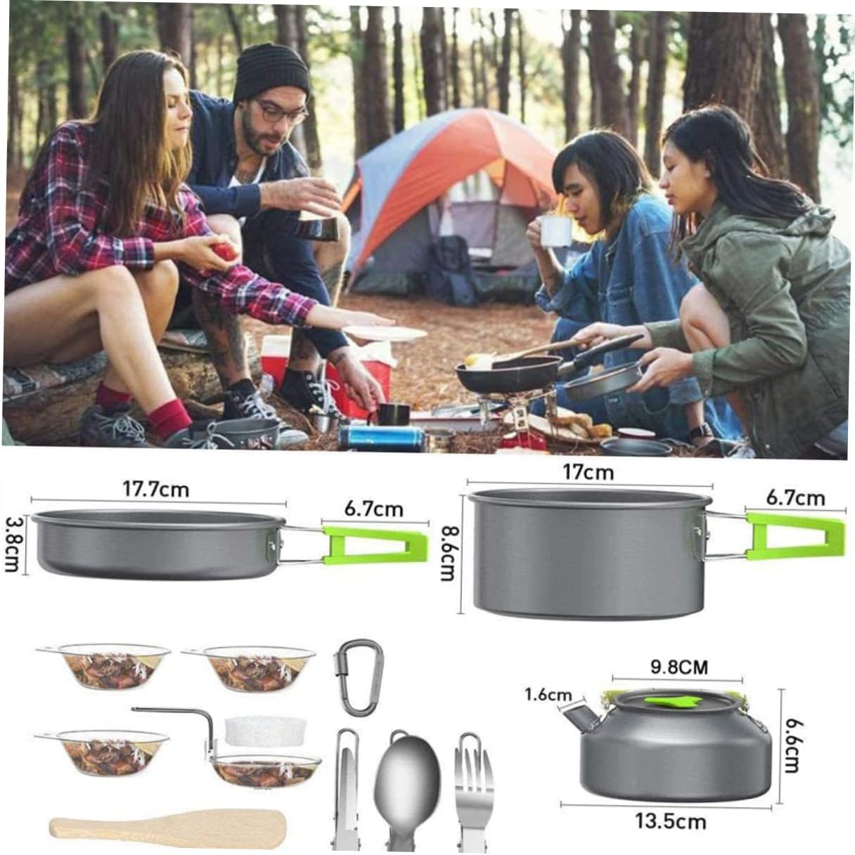 1Set Outdoor Cooking Camping Cookware Kit with Non Stick Pots Frying Pan Teapot Cutlery Bowls Lightweight Portable Durable Cooking Equipment for Hiking Picnic