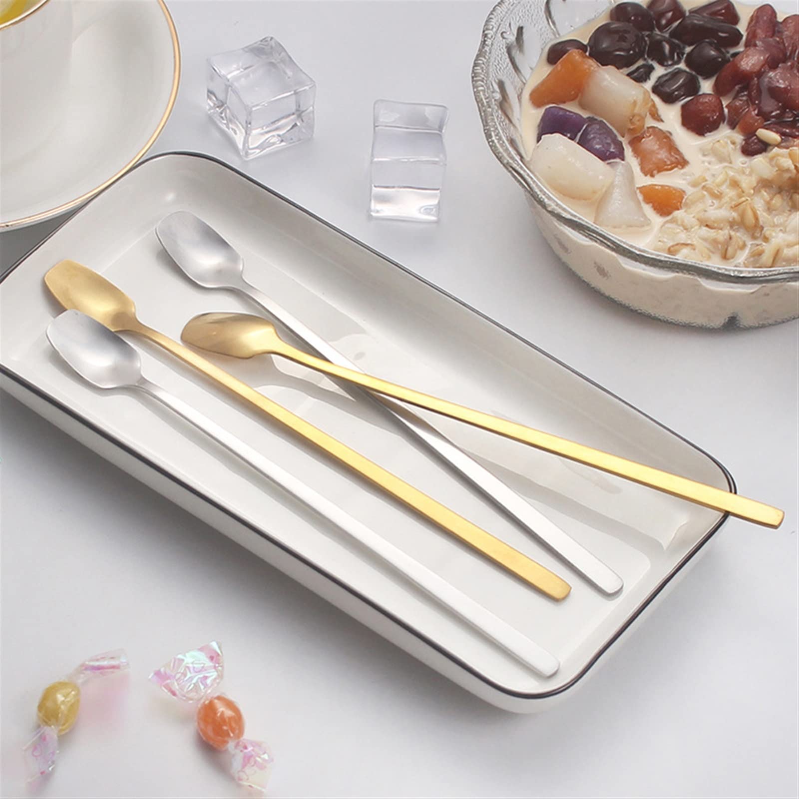 JINGYAN Cucchiaini da tè Long Handle Stainless Steel Dinnerware Set Spoon Tea Dessert Coffee Ice Cream Spoons Kitchen Accessories Bar