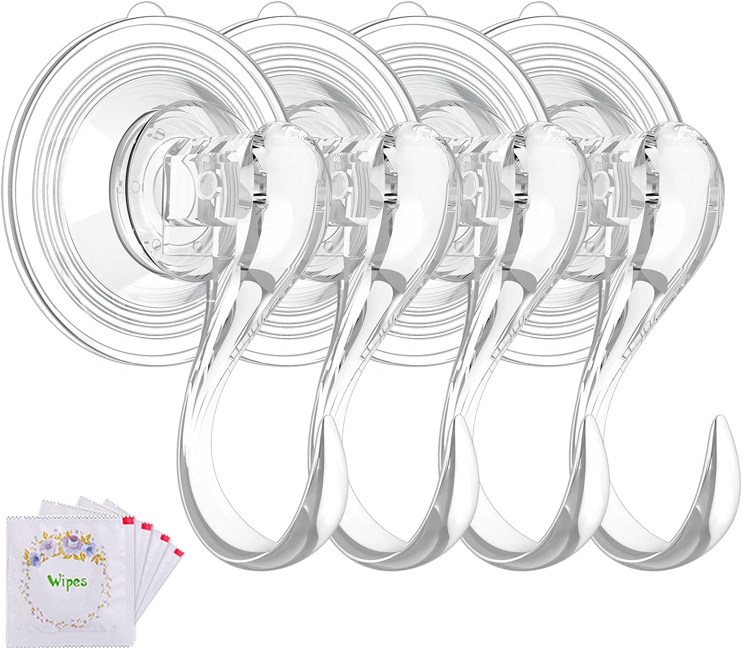 VIS'V Suction Cup Hooks, Small Clear Reusable Heavy Duty Vacuum Suction Cup Hooks with Cleaning Cloth Strong Window Glass Kitchen Bathroom Hooks for Towel Loofah Sponge Christmas Wreath - 4 Packs