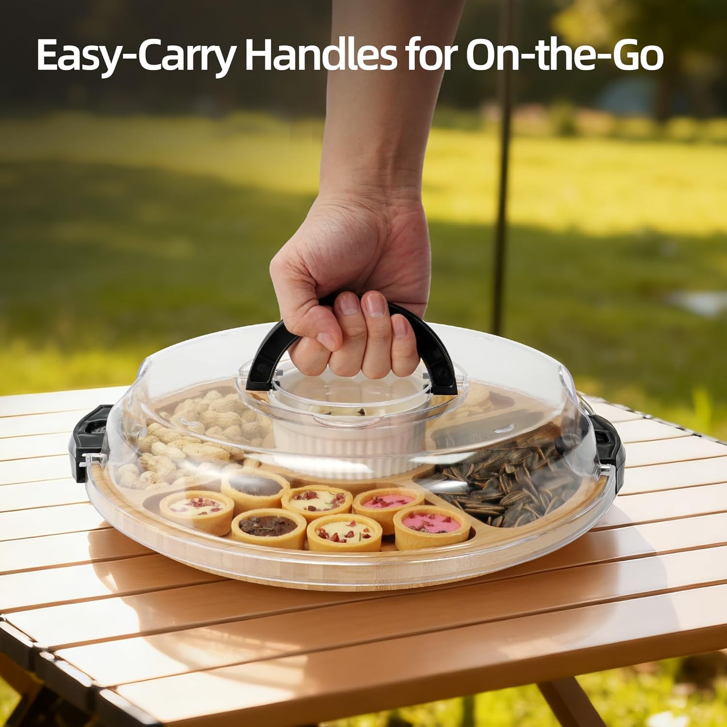 WILLKOMMEN Charcuterie Board with Lid- 6 Section Round Serving Tray with Carry Handle & Locking Lid, Portable Bamboo Serving Platter, Food Trays for Party Picnic Cheese Snack - Image 4