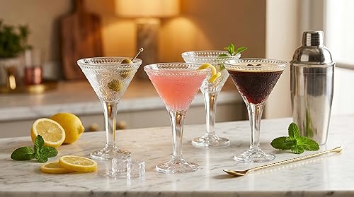 Miniatura 6 de Kingrol Juego de 4 vasos de Martini de 8.5 onzas con elegante diseño en relieve, cristalería de tallo vintage para Martini, Cosmopolitan, Manhattan,