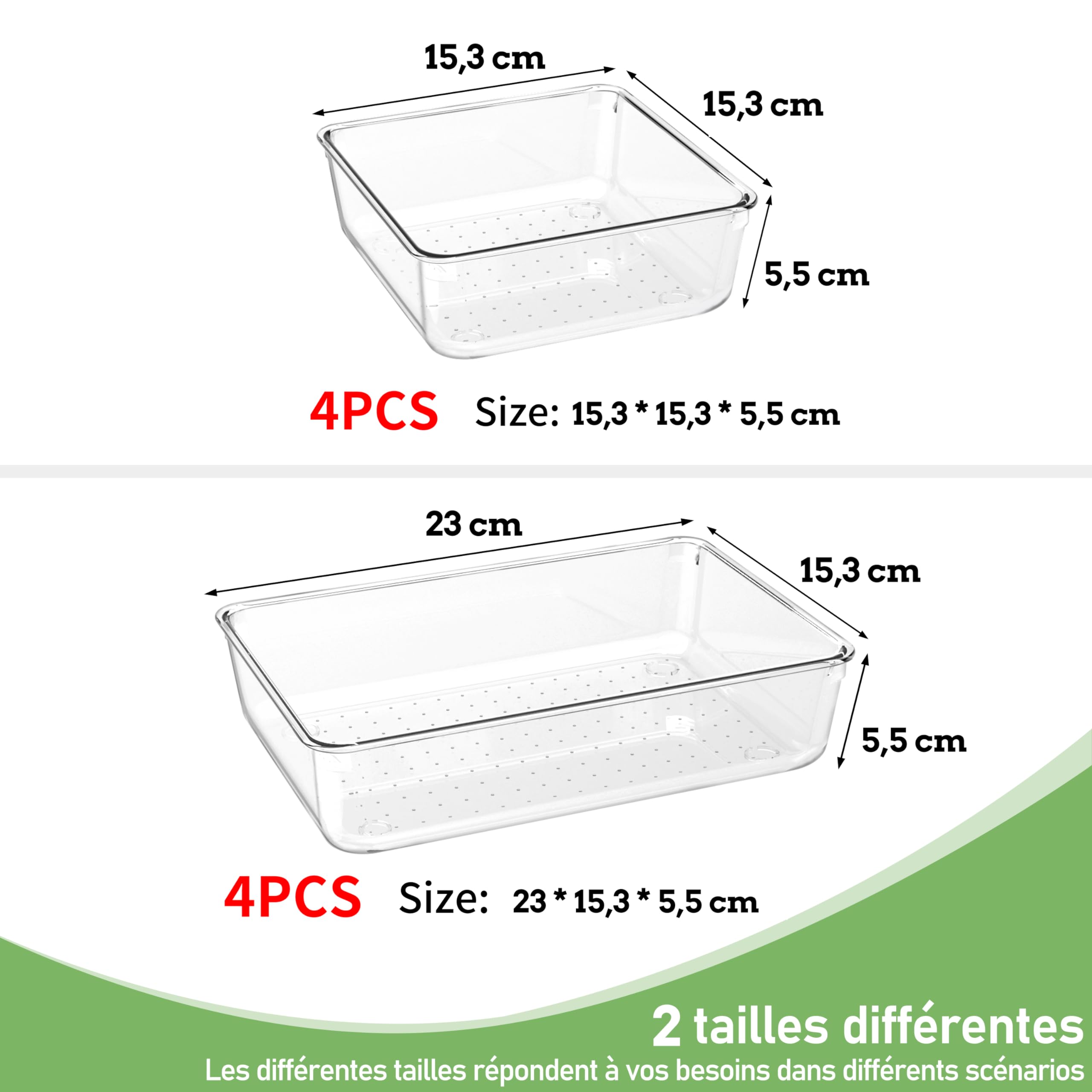 Lot de 8 Organisateur Tiroir Salle de Bain, Grande Taille 23cm, Boite Rangement Plastique Tiroir Cuisine Transparent, Rangement Coiffeuse Tiroirs pour Maquillage, Couverts, Bureau Organiseur de Tiroir