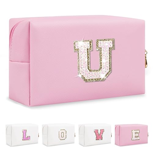 Miniatura 235 de Bolsa de maquillaje personalizada con inicial A-Z Preppy Patch, pequeña bolsa de cosméticos de PU con letra de chenilla y cierre para niñas Negro