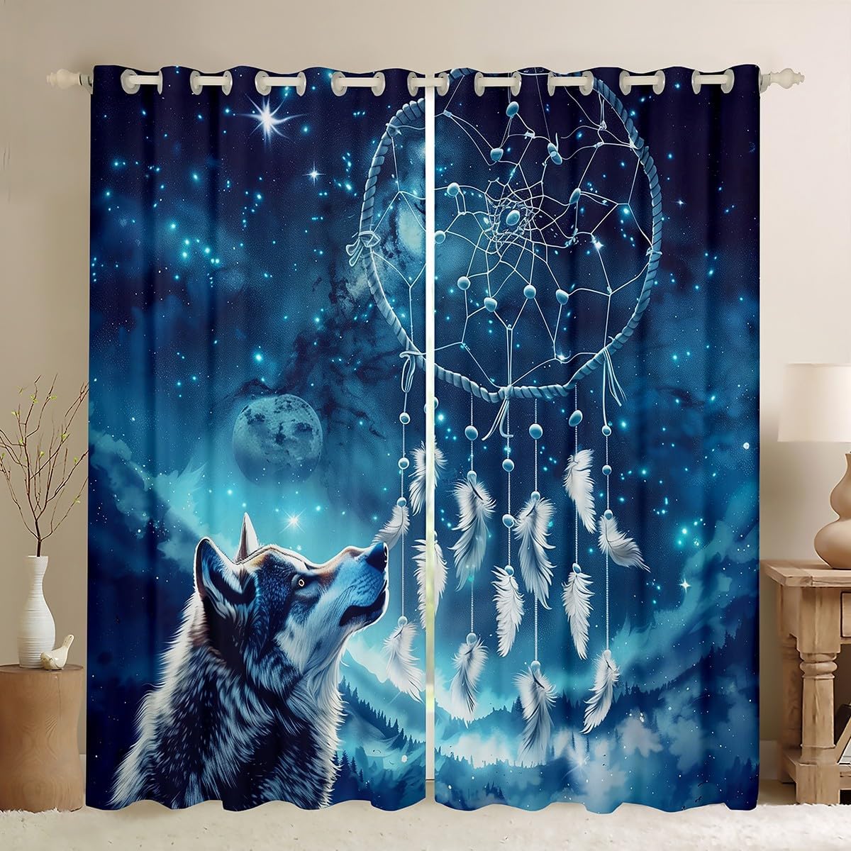 Erosebridal Wolf Curtains & Drapes for Kids Boys Western Wild Animal Curtains,Dream Catcher Blackout Curtains 84x84 Psychedelic Galaxy Living Room Curtains Glitter Stars Window Curtains