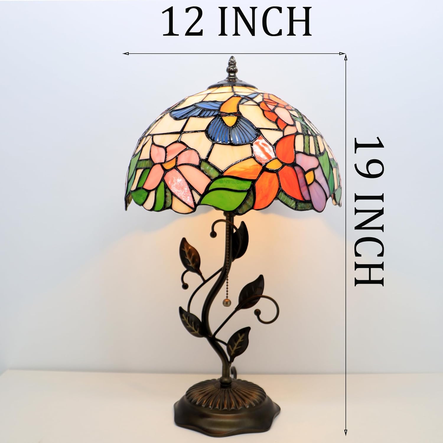 Tiffany Lamp Hummingbird Style Stained Glass Table Lamp Desk Bedside Reading Light 12X12X19 Inches with Metal Leaf Base