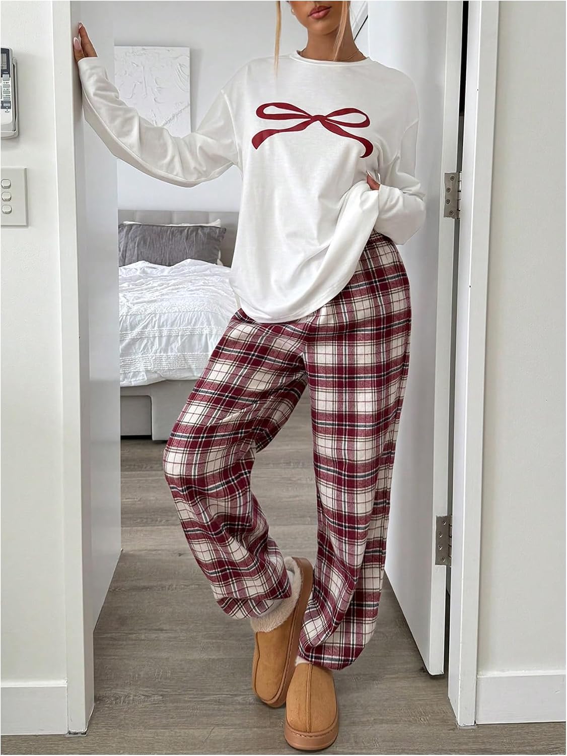 GORGLITTER Women's Bow Checkered Pajama Loungewear Set Outfits Long Sleeve Tops and High Waist Wide Leg Baggy Sweatpant