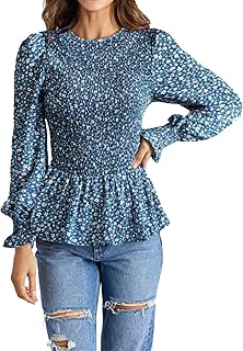 Tunic Women's Summer Top 2 Piece Women's Tops Casual Long Sleeve Crew Neck Floral Print Smocked Ruffle Hem Slim Blouse Tunic Top Women's Shirts Long Sleeve, blue, S