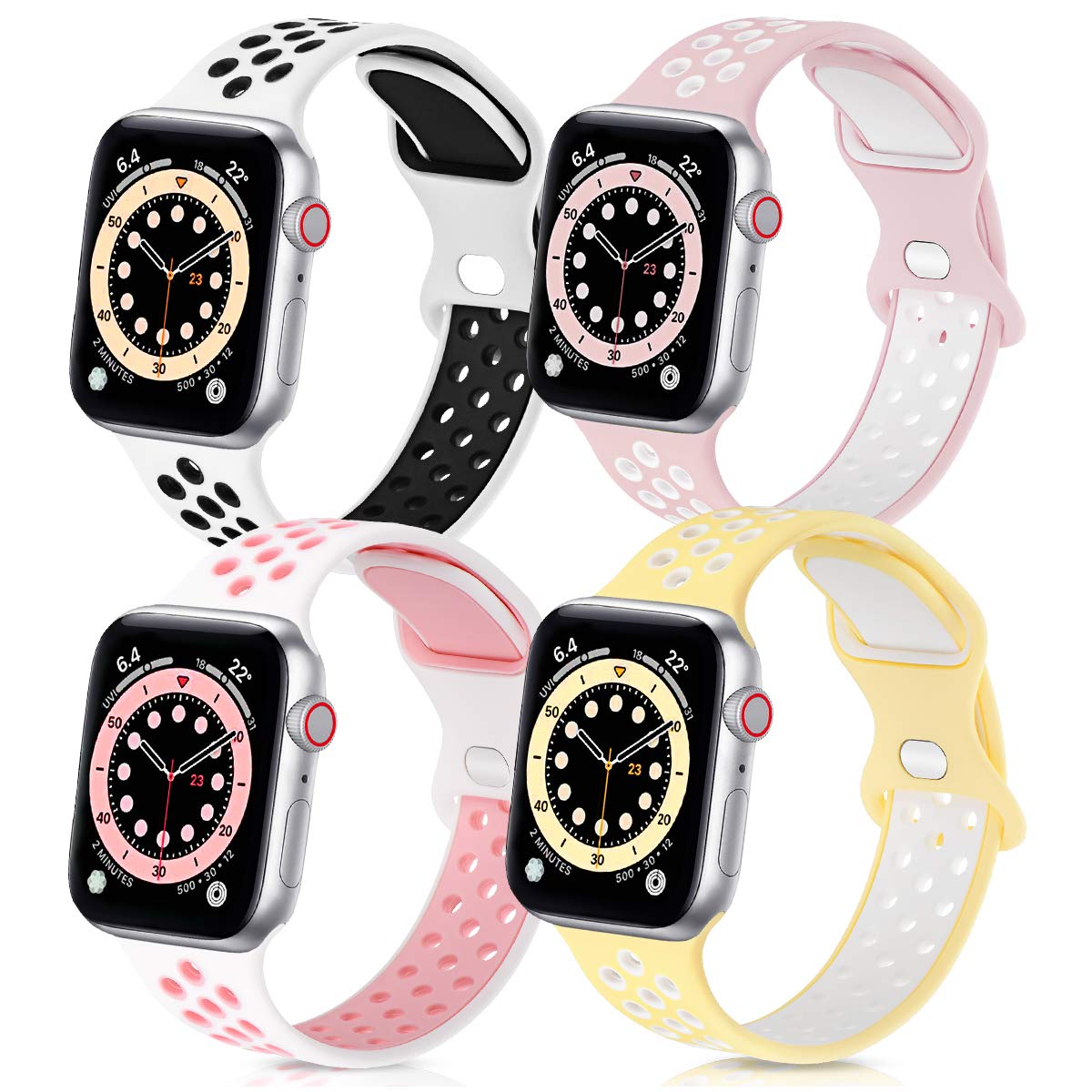 GROGON Compatible with Apple Watch Bands 44mm 42mm 45mm 41mm 40mm 38mm for Men Women, 4 Pack Silicone Sport Waterproof Breathable Soft Replacement Strap for iWatch SE Series 7/6/5/4/3/2/1