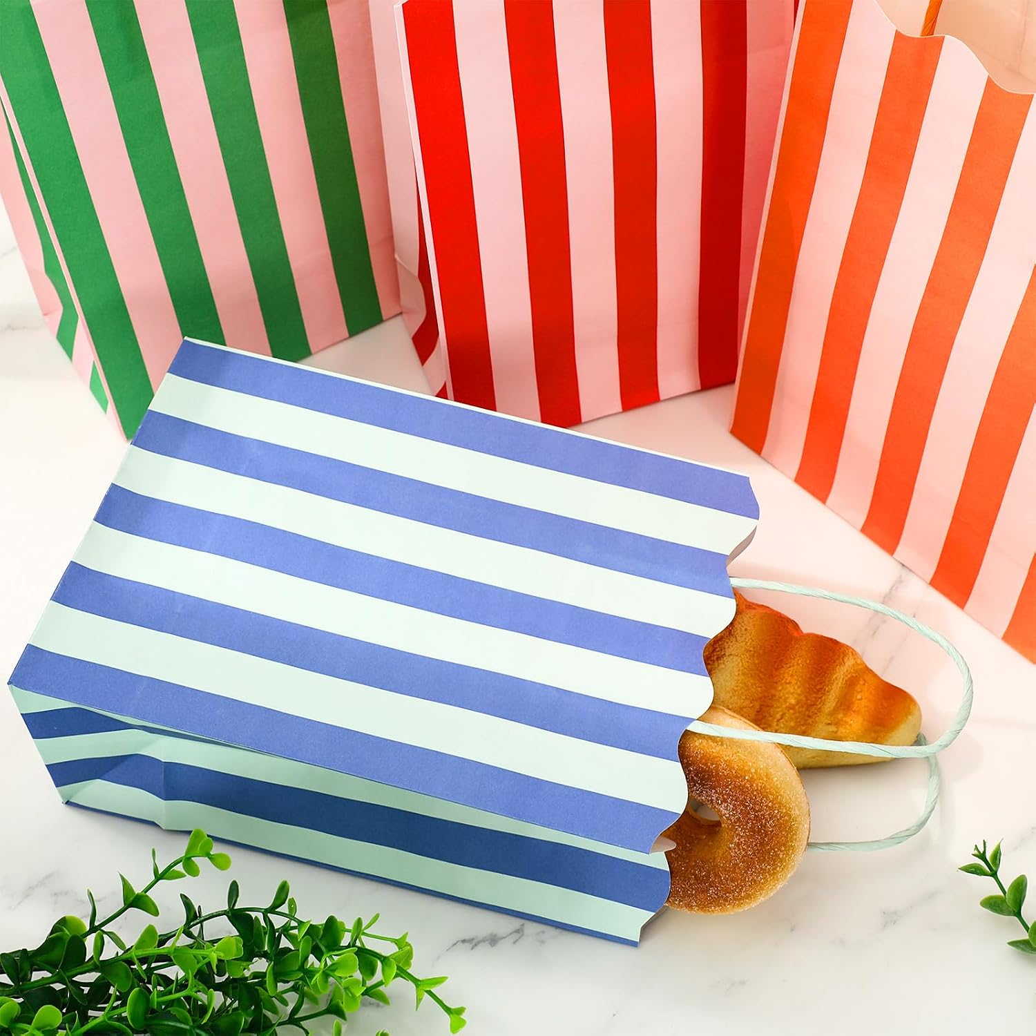FYSUIMU 24 Pcs Stripe Paper Gift Bag Red Orange Blue Green Scalloped Treat Bags with Handles Candy Goodie Bags for Birthday Baby Shower Party Favors Supplies image 5