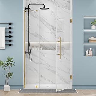 DELAVIN 40-40.5" W x 72" H Frameless Glass Shower Door Adjustable, Hinged Shower Door with Ultra Clear Tempered Glass, Explosion-Proof Film, Pivot Shower Door with Seal Strip and Handle, Gold