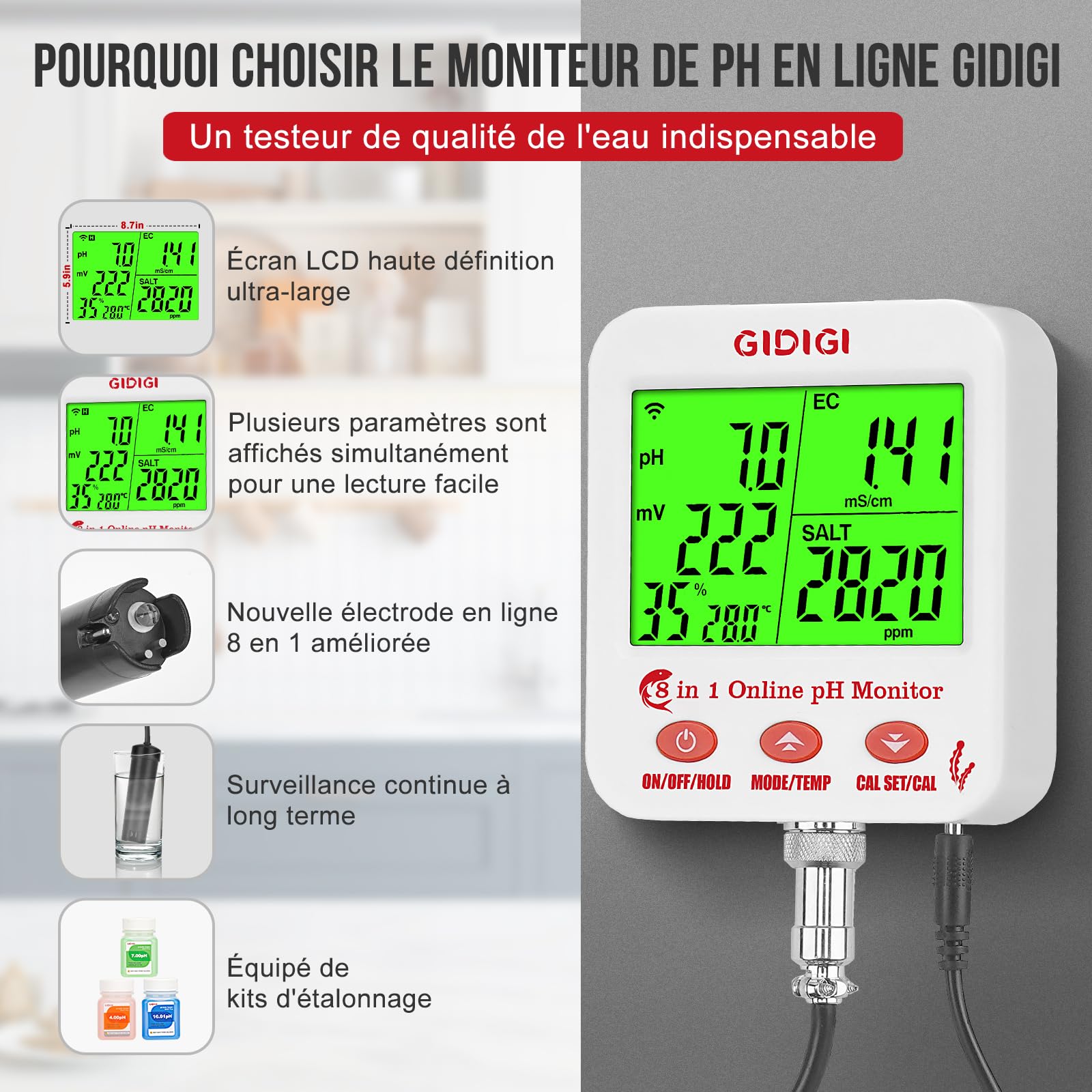 Moniteur de pH et de sel en ligne pour aquarium intelligent 8 en 1 pH TDS EC Sel ORP Humidité CF Température Mètre pour hydroponie Moniteur de pH WiFi Compteur de sel pour aquarium hydroponique