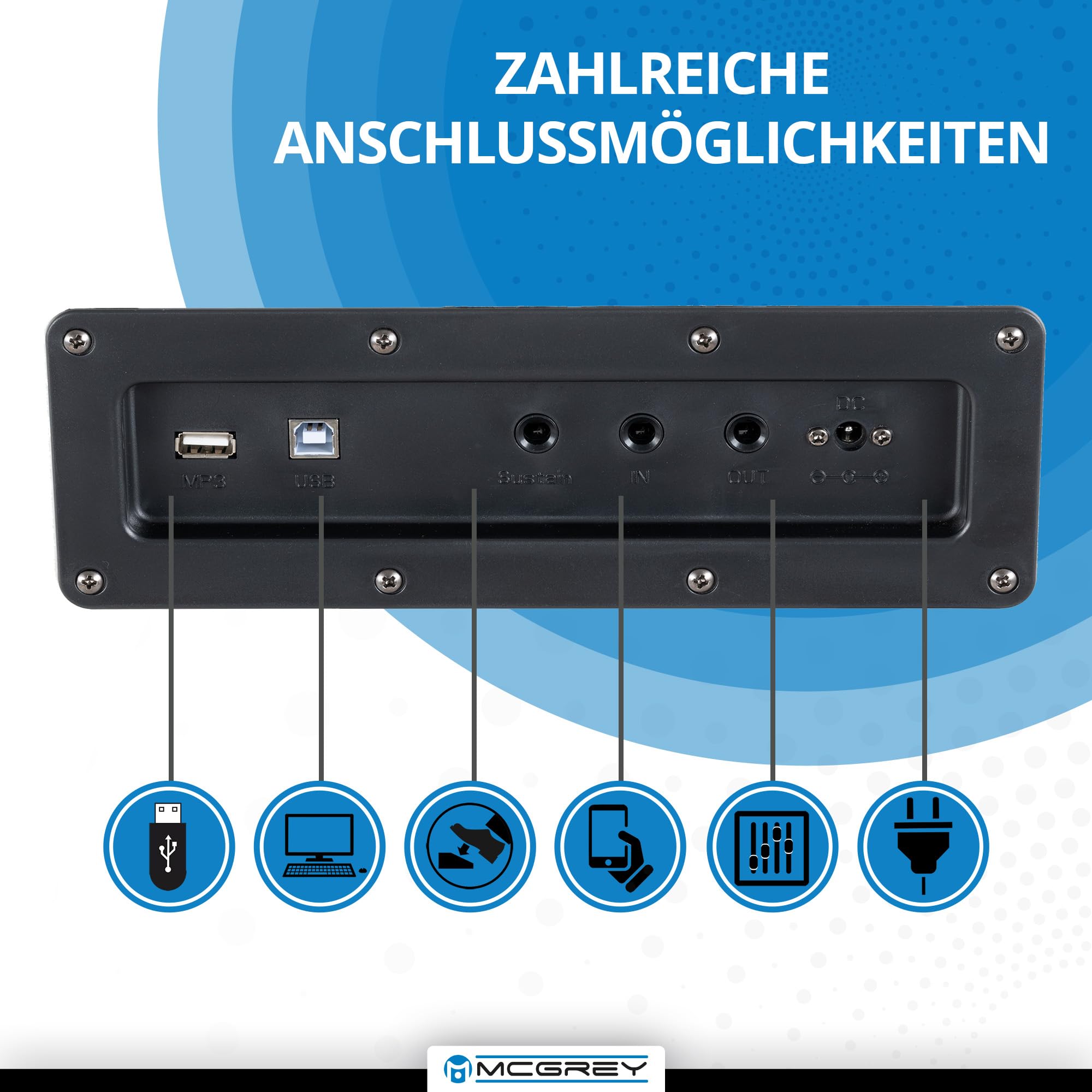 McGrey DP-19 WM E-Piano Set - 88 gewichtete Tasten mit Hammermechanik und Anschlagdynamik - 8 Klänge - Tastaturabdeckung - inkl. Klavierbank, Kopfhörer und Klavierschule - Weiß matt